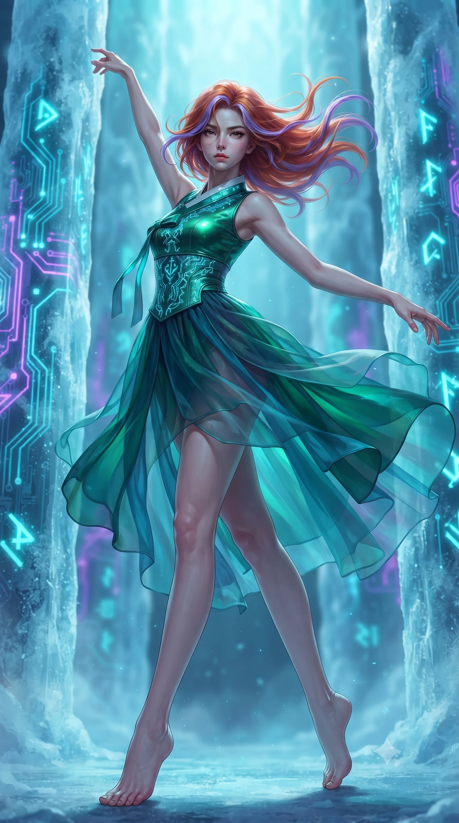 score_9, masterpiece, best quality, ultra-detailed, high-budget anime keyframe, editorial fashion photography, tasteful artistic composition, Caucasian woman woman. low angle full-body shot from head to toe showing her feet, filling the entire 9:16 vertical frame with her statuesque presence, stretching her vertical silhouette. She has an absolutely perfect, statuesque 8.5-heads proportion, an exceptionally tall and slender model-like female figure with impossibly long slender legs and an ultra-slim waist. leaping inside the glowing space with athletic poise, her hair swirling in a dynamic wind vortex, flawlessly proportioned anatomical accuracy, natural body alignment, perfectly sculpted elegant limbs, clean dynamic posture without body distortion. set against a soft-focus background of frozen ice columns embedded with pulsing neon circuit boards. wearing a modern fusion silk hanbok dress with a structured emerald bodice and flowing layered skirt. bathed in glowing cyan light radiating from sub-zero circuit runes with cool ambient backdrops. ultra-reflective glossy finish, specular highlights, metallic sheen, high-contrast stereoscopic depth, volumetric dynamic lighting, 2k, ultra detail, master piece, 9:16 ratio