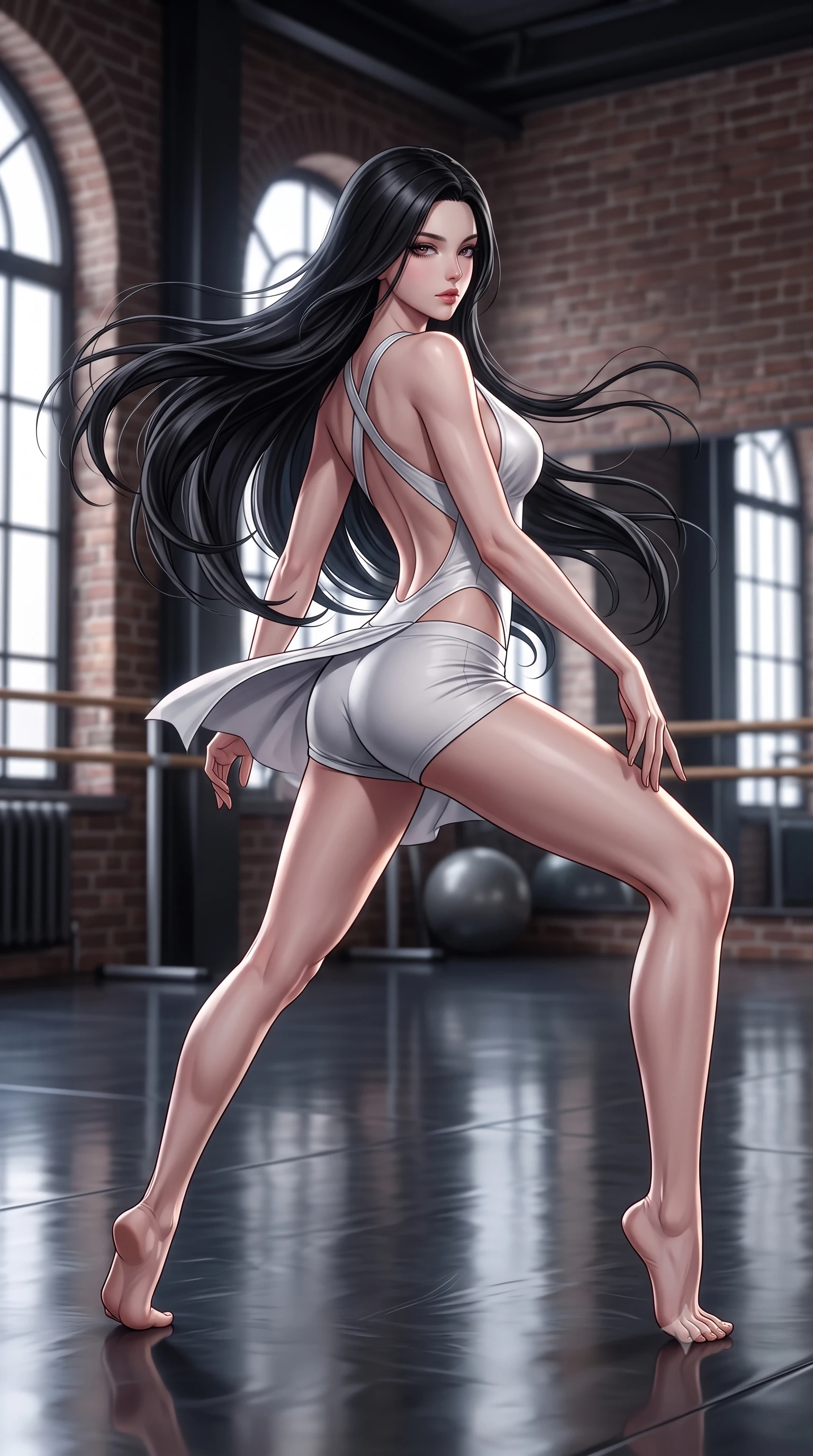 score_9, masterpiece, best quality, ultra-detailed, high-budget anime keyframe, semi-realistic 3D game render, editorial fashion photography, tasteful artistic composition, Korean woman. low angle full-body shot from head to toe showing her feet, filling the entire 9:16 vertical frame with her statuesque presence, stretching her vertical silhouette. executing an elegant mid-motion pivot turn as garments swirl around her slender limbs, glancing over her shoulder with an intoxicating bedroom-gaze while crouching in a low, balanced dancer plié on the reflective floor, her athletic feminine curves and toned hips creating a breathtaking line. The surrounding environment is rendered in vivid detail and crisp panoramic clarity. high-contrast sculptural dance chiaroscuro and contemporary athletic aesthetics captured with precision. She has an absolutely perfect, statuesque 8.5-heads proportion, an exceptionally tall and slender model-like female figure with impossibly long slender legs, a toned flat midriff, an ultra-slim waist, and beautifully sculpted feminine hips. sharp v-shaped jawline, high-bridge nose, intricate jewel-like eyes with depth, thick eyelashes, glossy parted lips with a natural sheen, intensely captivating and seductive bedroom-eyes expression, flawlessly proportioned anatomical accuracy, strict slender model proportions, natural body alignment, perfectly sculpted long slender limbs, ultra-slim waistline, clean dynamic posture without body distortion. wearing a deep-V plunge dance bodysuit with crossed back straps and body-hugging boy-shorts in pristine chalk white and pale nude, crafted from ultra-soft supple matte spandex with second-skin elasticity, finished with high-cut leg elastic bands defining her long leg lines, the precision-cut side openings and low-back scoop framing her graceful spine and the sensual sweep of her hips. surrounded by a disciplined, sensual, and exquisitely graceful haute-couture dancer aura. highly saturated vibrant anime colors, detailed shading with soft gradients, rich glossy textures, high-contrast stereoscopic depth, volumetric dynamic lighting, master piece, 9:16 ratio