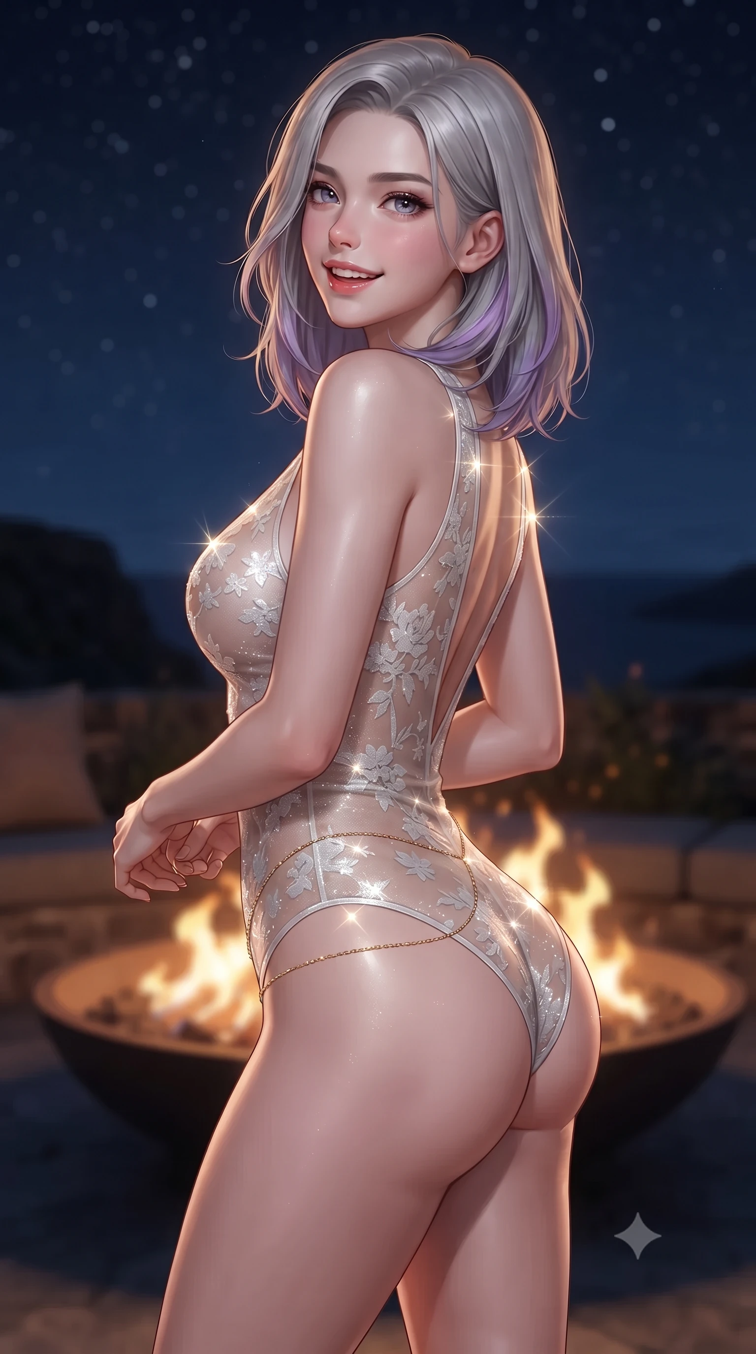 score_9, masterpiece, best quality, ultra-detailed, high-budget anime keyframe, editorial fashion photography, tasteful artistic composition, Caucasian woman. close-up cowboy shot from the waist and thighs up, the character dominates the composition, filling the frame with her large presence. posing in an alluring rear three-quarter angle, looking over a bare shoulder with parted glossy lips, her hips cocked back to highlight her slim hourglass curve while twisting her slender torso in an alluring S-curve beside the sunken outdoor fire bowl, golden flame ribbons tracing her curves and flat midriff. The background shows a soft-focus dancing fire bowl flames softened in avant-garde Hebridean cliffside sanctuary shallow focus. She has an exceptionally elegant, slender, and willowy female figure with an ultra-slim waist, flat toned midriff, narrow ribcage, and sculpted feminine hips creating an alluring, slim hourglass silhouette without bulk. sharp v-shaped jawline, high-bridge nose, intricate jewel-like sparkling eyes with depth, thick eyelashes, glossy parted lips with a natural peach sheen, bright cheerful beaming smile with an enchanting and coquettish sensual glint, exuding both youthful cute charm and seductive allure, flawlessly proportioned anatomical accuracy, strict slender model proportions, natural body alignment, perfectly sculpted long slender limbs, ultra-slim waistline, clean dynamic posture without body distortion. wearing an off-the-shoulder sheer-illusion lace bodysuit with strategic floral flocking and high-cut leg openings in pure translucent crystal white and liquid platinum, woven from stretch metallic lurex jersey casting radiant starlight glints across her curves, accented with a dainty gold belly chain resting across her flat midriff and curving hips, the form-contouring silhouette accentuating her sculpted flat midriff, narrow delicate ribcage, and gracefully curvy hips with intoxicating allure. bathed in the contrast of warm 2100K outdoor fire pit flames and brilliant unpolluted Dark Sky Reserve starlight. ultra-reflective glossy finish, specular highlights, rich textural contrasts, high-contrast stereoscopic depth, volumetric dynamic lighting, 2k, ultra detail, master piece, 9:16 ratio