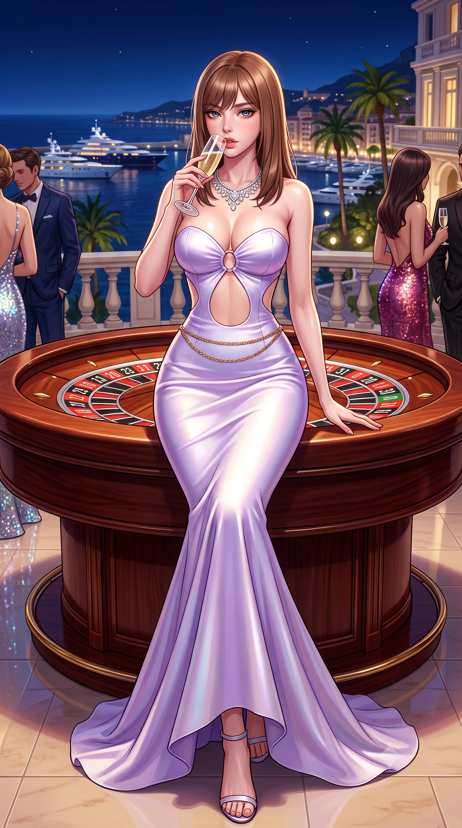 score_9, masterpiece, best quality, ultra-detailed, high-budget anime keyframe, semi-realistic 3D game render, editorial fashion photography, tasteful artistic composition, Korean woman. low angle full-body shot from head to toe showing her feet, filling the entire 9:16 vertical frame with her statuesque presence, stretching her vertical silhouette. striding forward in a proud supermodel runway stride, hips swaying in an alluring kinetic rhythm that accentuates her curvy hourglass silhouette while perching on the rim of a luxury mahogany roulette table with legs crossed, arching her lower back while holding a crystal champagne flute to her lips. The surrounding environment is rendered in vivid detail and crisp panoramic clarity. detailed sequin dress reflections, diamond necklace fire, and Mediterranean night harbor in high clarity. She has an absolutely perfect, statuesque 8.5-heads proportion, an exceptionally tall and slender model-like female figure with impossibly long slender legs, a toned flat midriff, an ultra-slim waist, and beautifully sculpted feminine hips. sharp v-shaped jawline, high-bridge nose, intricate jewel-like eyes with depth, thick eyelashes, glossy parted lips with a natural sheen, intensely captivating and seductive bedroom-eyes expression, flawlessly proportioned anatomical accuracy, strict slender model proportions, natural body alignment, perfectly sculpted long slender limbs, ultra-slim waistline, clean dynamic posture without body distortion. wearing a sculptured strapless velvet evening gown with an open-waist ring cutout and body-hugging mermaid silhouette in pearlescent opal with soft violet luster, tailored from ultra-smooth duchess satin with a pearlescent sheen, accented with a delicate gold chain belt resting loosely on her curvy hips, the dramatically scooped open back descending to the base of her spine, accentuating her razor-sharp statuesque lines and curvy hourglass silhouette. surrounded by an elite, intoxicating, and irresistibly glamorous Monte Carlo heiress aura. highly saturated vibrant anime colors, detailed shading with soft gradients, rich glossy textures, high-contrast stereoscopic depth, volumetric dynamic lighting, master piece, 9:16 ratio