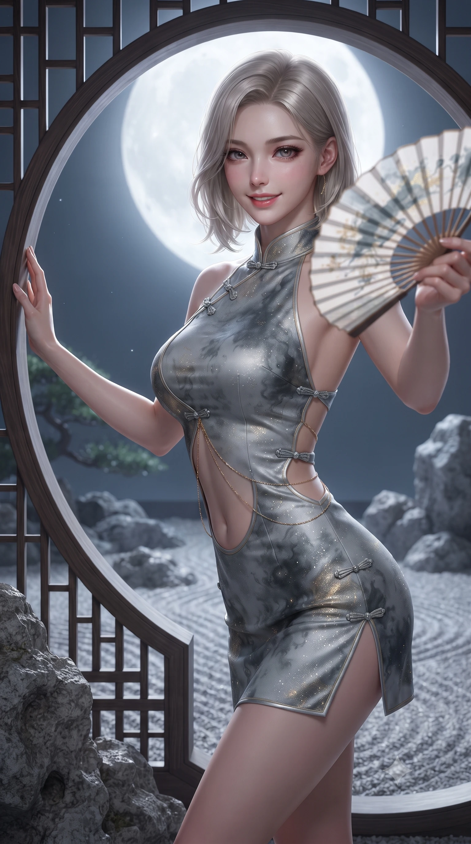 score_9, masterpiece, best quality, ultra-detailed, high-budget anime keyframe, editorial fashion photography, tasteful artistic composition, Korean woman. close-up cowboy shot from the waist and thighs up, the character dominates the composition, filling the frame with her large presence. playfully unfurling a painted silk fan toward the lens, her radiant smile capturing fresh girlhood charm while her arched torso reveals an intoxicating hip contour while leaning against the circular timber frame with hips cocked back, looking into the lens with an enchanting, tranquil bedroom-gaze. The surrounding environment is rendered in vivid detail and crisp panoramic clarity: sharp gravel wave ridge textures, weathered granite garden rock pores, and circular timber window frame joinery in deep focus. She has an exceptionally elegant, slender, and willowy female figure with an ultra-slim waist, flat toned midriff, narrow ribcage, and sculpted feminine hips creating an alluring, slim hourglass silhouette without bulk. sharp v-shaped jawline, high-bridge nose, intricate jewel-like dark sparkling almond eyes with depth, thick lashes, glossy parted lips with a natural rose-plum sheen, bright alluring and coquettish smile with bedroom-eyes, exuding both timeless oriental elegance and sovereign high-fashion allure, flawlessly proportioned anatomical accuracy, strict slender model proportions, natural body alignment, perfectly sculpted long slender limbs, ultra-slim waistline, clean dynamic posture without body distortion. wearing a backless halter qipao mini dress with delicate frog-button closures and side waist cutouts framing her hourglass curves in misty ink-wash slate grey and liquid silver, woven from metallic gold and silver thread casting subtle starlight glints, accented with a delicate gold body chain draping loosely across her flat midriff, the form-contouring cut accentuating her sculpted flat midriff, narrow delicate ribcage, and gracefully curvy hips with regal oriental supermodel elegance. bathed in pristine silver moonlight pouring through the circular moon-gate aperture. ultra-reflective glossy finish, specular highlights, rich textural contrasts, high-contrast stereoscopic depth, volumetric dynamic lighting, 2k, ultra detail, master piece, 9:16 ratio