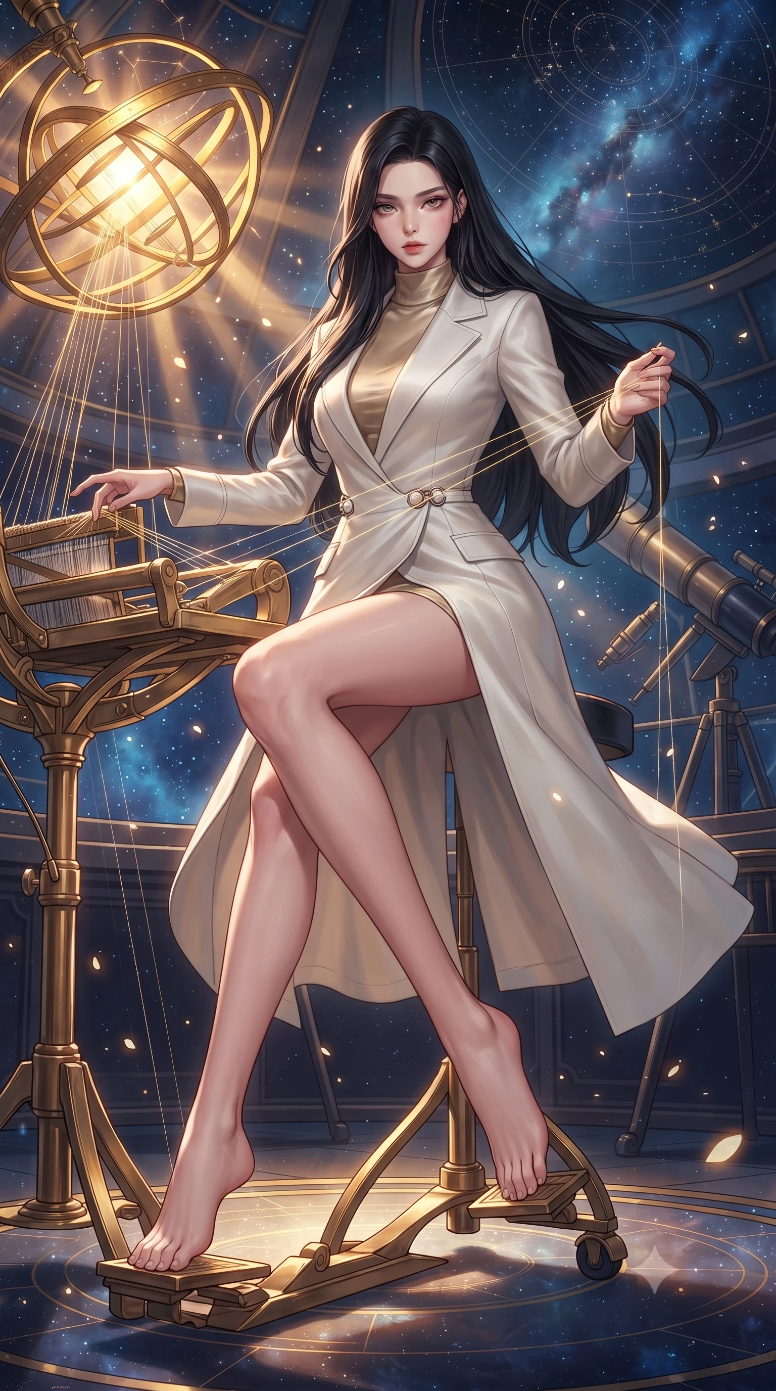 score_9, masterpiece, best quality, ultra-detailed, high-budget anime keyframe, editorial fashion photography, tasteful artistic composition, Korean woman. low angle full-body shot from head to toe showing her feet, filling the entire 9:16 vertical frame with her statuesque presence, stretching her vertical silhouette. interacting with floating opal particles, her long slender legs poised in motion, inside a floating cosmic observatory threading brilliant starlight threads through a golden celestial loom, warm sunburst highlights piercing through armillary rings. She has an absolutely perfect, statuesque 8.5-heads proportion, an exceptionally tall and slender model-like female figure with impossibly long slender legs and an ultra-slim waist. sharp v-shaped jawline, high-bridge nose, intricate jewel-like eyes with depth, thick eyelashes, glossy lips with a natural sheen. wearing structured pearl-white trench dress over sleek turtleneck in champagne gold, made of liquid mercury jersey, adorned with minimalist pearl hardware framing the waistline, sculpting her athletic slender build with refined precision. lit by sharp golden key rays contrasting against cosmic shadows. highly saturated vibrant anime colors, detailed shading with soft gradients, rich glossy textures, high-contrast stereoscopic depth, volumetric dynamic lighting, master piece, 9:16 ratio