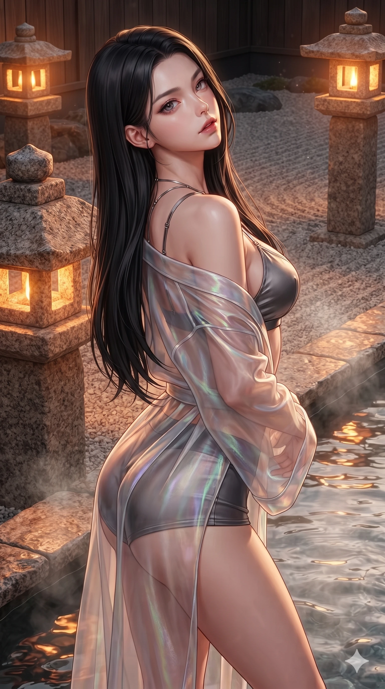 score_9, masterpiece, best quality, ultra-detailed, high-budget anime keyframe, editorial fashion photography, tasteful artistic composition, Korean woman. close-up cowboy shot from the waist and thighs up, the character dominates the composition, filling the frame with her large presence. twisting her slender torso in a deep contrapposto stance, hips dramatically shifted to accentuate her feminine curves while looking past her shoulder with smoldering bedroom-eyes while standing poised beside the steaming thermal spring channel, arching her spine with ethereal siren poise as warm stone lantern light washes over her. The surrounding environment is rendered in vivid detail and crisp panoramic clarity: sharp gravel rake lines, rough-hewn granite lantern textures, and crisp water ripple edges in deep focus. She has an exceptionally elegant, slender, and willowy female figure with an ultra-slim waist, flat toned midriff, narrow ribcage, and sculpted feminine hips creating an alluring, slim hourglass silhouette without bulk. sharp v-shaped jawline, high-bridge nose, intricate jewel-like sparkling eyes with depth, thick eyelashes, glossy parted lips with a natural sheen, intensely captivating and seductive bedroom-eyes expression, exuding both youthful cute charm and sovereign luxury allure, flawlessly proportioned anatomical accuracy, strict slender model proportions, natural body alignment, perfectly sculpted long slender limbs, ultra-slim waistline, clean dynamic posture without body distortion. wearing a translucent iridescent organza kimono robe slipping off bare shoulders over a matching satin micro-bralette and micro-shorts in charcoal grey and polished chrome, made of fluid liquid jersey with seamless sculpting hold and smooth contours, accented with a chrome-drop body harness subtly framing her dewy collarbones and spine, the liquid-tight tailored fabric clinging flawlessly to her narrow waist and rounded feminine hips, emphasizing every millimeter of her sculpted slim hourglass curves without any bulky heaviness. illuminated by water reflection bounce and sharp amber-gold rim lights sculpting her razor-sharp jawline, narrow waist, and curvy hips. ultra-reflective glossy finish, specular highlights, rich textural contrasts, high-contrast stereoscopic depth, volumetric dynamic lighting, 2k, ultra detail, master piece, 9:16 ratio
