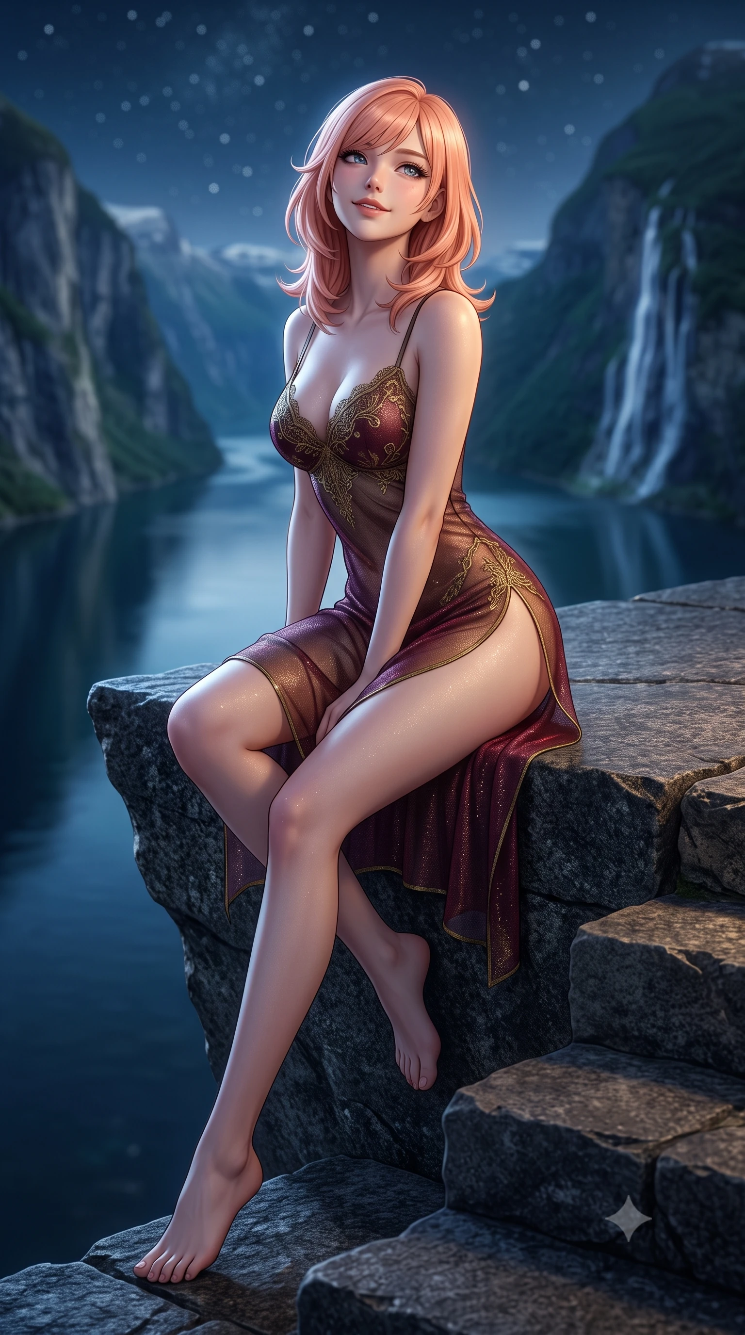 score_9, masterpiece, best quality, ultra-detailed, high-budget anime keyframe, semi-realistic 3D game render, editorial fashion photography, tasteful artistic composition, Japanese woman. low angle full-body shot from head to toe showing her feet, filling the entire 9:16 vertical frame with her statuesque presence, stretching her vertical silhouette. sitting poised on the stone steps with one knee bent, arching her spine with supermodel elegance as she glances upward through thick eyelashes while standing poised at the edge of the dark granite infinity edge jutting over the sheer fjord cliff, arching her back with high-fashion ease. The background shows a soft-focus glassy surface of the deep fjord reflecting moonlit vertical cliffs, cascading distant waterfalls, and starry night sky blurred into sapphire, emerald, and charcoal bokeh. She has an exceptionally tall and slender model-like 8.5-heads proportion, an ultra-slim waist, a flat toned midriff, narrow delicate ribcage, and beautifully sculpted feminine hips creating a graceful, slim hourglass silhouette without any bulky heaviness, with impossibly long slender legs. sharp v-shaped jawline, high-bridge nose, intricate jewel-like sparkling eyes with depth, thick eyelashes, glossy parted lips with a natural peach sheen, bright cheerful beaming smile with an enchanting and coquettish sensual glint, exuding both youthful cute charm and seductive allure, flawlessly proportioned anatomical accuracy, strict slender model proportions, natural body alignment, perfectly sculpted long slender limbs, ultra-slim waistline, clean dynamic posture without body distortion. wearing a gossamer sheer mesh slip dress with delicate gold embroidery and hip-high double side slits in French boudoir bordeaux wine and antique brass, woven from stretch metallic lurex jersey casting radiant starlight glints across her curves, finished with scalloped eyelash lace trim framing her sweetheart neckline with intimate elegance, the second-skin tailored fabric adhering flawlessly to her sculpted flat midriff and slender torso, emphasizing her long leg lines and perfectly proportioned willowy build. bathed in cool moonlight and starlight balanced with warm 2700K architectural recessed ledge downlights. highly saturated vibrant anime colors, detailed shading with soft gradients, rich glossy textures, high-contrast stereoscopic depth, volumetric dynamic lighting, master piece, 9:16 ratio