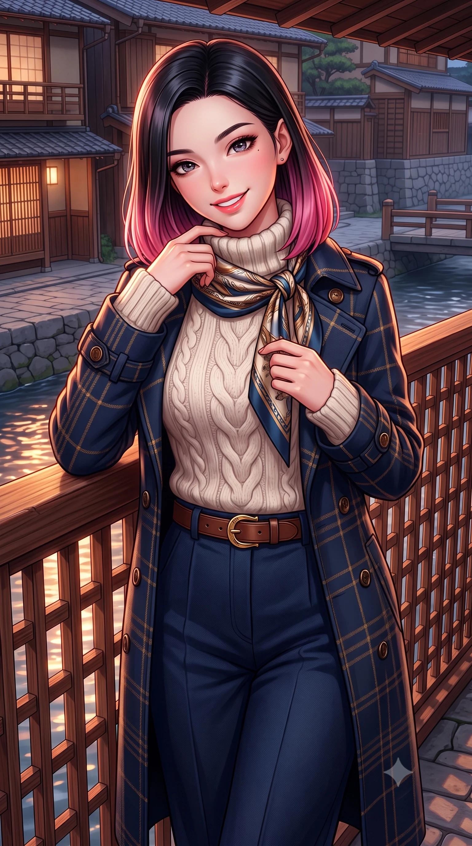 score_9, masterpiece, best quality, ultra-detailed, high-budget anime keyframe, semi-realistic 3D game render, editorial fashion photography, tasteful artistic composition, Korean woman. close-up cowboy shot from the waist and thighs up, the character dominates the composition, filling the frame with her large presence. touching her silk scarf with delicate fingertips while casting an affectionate, warm glance toward the lens while leaning gently against the cedar lattice railing of the historic machiya balcony, one hand holding her scarf against the crisp evening breeze. The surrounding environment is rendered in vivid detail and crisp panoramic clarity: detailed double-breasted wool gabardine trench coat drape, horn buttons, and historic Japanese urban architecture in high resolution. She has an exceptionally elegant, slender, and willowy female figure with an ultra-slim waist, flat toned midriff, narrow ribcage, and sculpted feminine hips creating an alluring, slim hourglass silhouette without bulk. sharp v-shaped jawline, high-bridge nose, intricate jewel-like sparkling eyes with depth, thick eyelashes, glossy parted lips with a natural peach sheen, bright cheerful beaming smile with an enchanting and coquettish sensual glint, exuding both youthful cute charm and seductive allure, flawlessly proportioned anatomical accuracy, strict slender model proportions, natural body alignment, perfectly sculpted long slender limbs, ultra-slim waistline, clean dynamic posture without body distortion. wearing an oversized chunky cable-knit cashmere roll-neck sweater paired with brushed wool flannel wide-leg trousers in Ginza vintage brass gold and midnight navy, made of luxurious brushed wool flannel with rich textural depth and clean structure, finished with a smooth equestrian bridle-leather belt with a polished brass horseshoe buckle, the structured cinched belt emphasizing her narrow waistline and gracefully balanced proportions with timeless haute-couture polish. illuminated by river water specular reflection bounce and sharp copper-rose rim lights sculpting her jawline, narrow waist, and graceful model proportions. highly saturated vibrant anime colors, detailed shading with soft gradients, rich glossy textures, high-contrast stereoscopic depth, volumetric dynamic lighting, master piece, 9:16 ratio