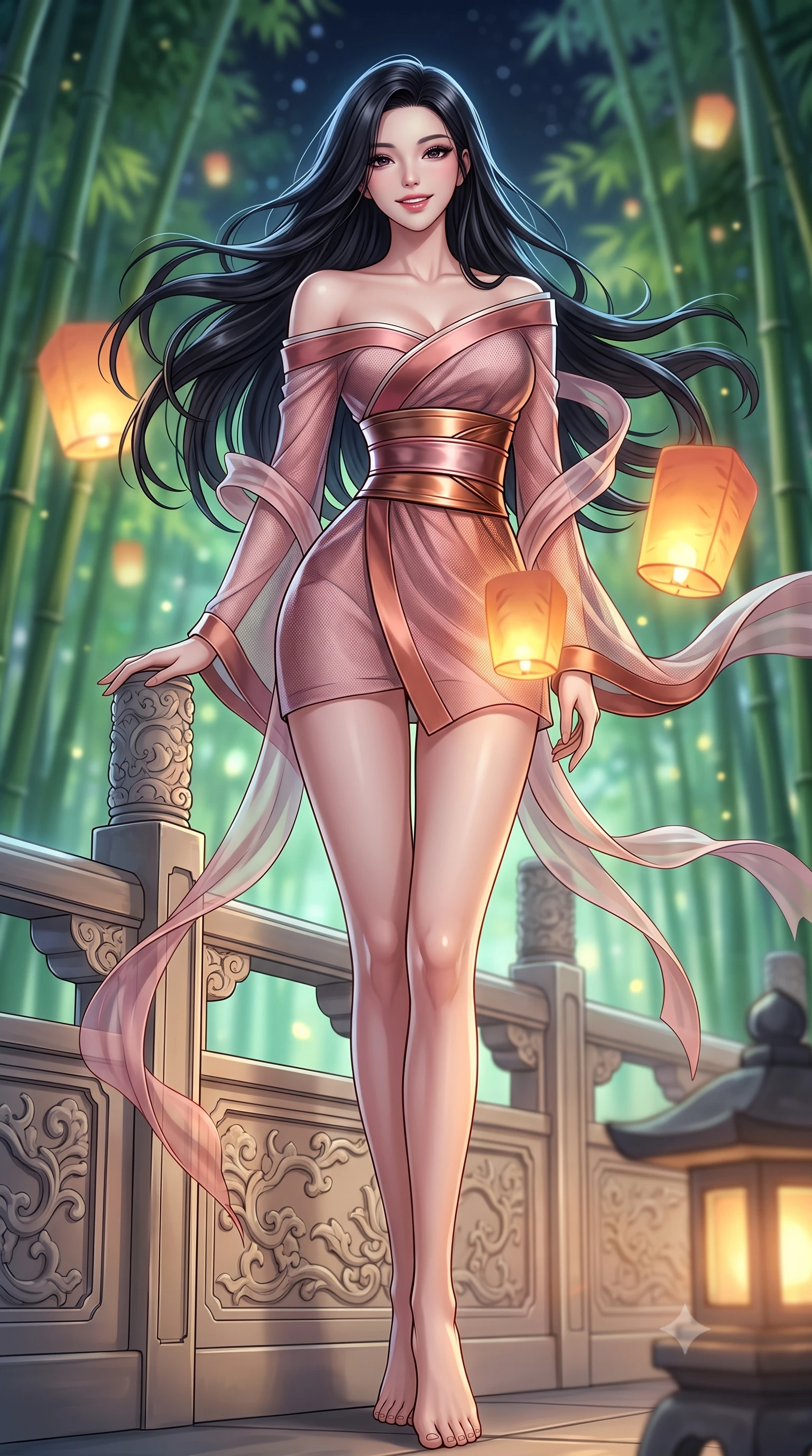 score_9, masterpiece, best quality, ultra-detailed, high-budget anime keyframe, semi-realistic 3D game render, editorial fashion photography, tasteful artistic composition, Korean woman. low angle full-body shot from head to toe showing her feet, filling the entire 9:16 vertical frame with her statuesque presence, stretching her vertical silhouette. standing in a tall, confident posture with one hand on the carved palace railing, stretching her statuesque body as she arches her lower back to emphasize her sculpted feminine hips and slender waist while twisting her slender torso in an alluring S-curve, floating holographic paper lanterns casting warm amber glow across her narrow waist and hips. The background shows a soft-focus soaring emerald green bamboo groves reaching toward the midnight sky blurred into jade, chartreuse, and deep starlight bokeh. She has an absolutely perfect, statuesque 8.5-heads proportion, an exceptionally tall and slender model-like female figure with impossibly long slender legs, an ultra-slim waist, a flat toned midriff, narrow delicate ribcage, and beautifully sculpted feminine hips creating a graceful, slim hourglass silhouette without any bulky heaviness. sharp v-shaped jawline, high-bridge nose, intricate jewel-like dark sparkling almond eyes with depth, thick lashes, glossy parted lips with a natural rose-plum sheen, bright alluring and coquettish smile with bedroom-eyes, exuding both timeless oriental elegance and sovereign high-fashion allure, flawlessly proportioned anatomical accuracy, strict slender model proportions, natural body alignment, perfectly sculpted long slender limbs, ultra-slim waistline, clean dynamic posture without body distortion. wearing an asymmetric off-shoulder cyber-kimono mini dress with a wide metallic obi corset belt accentuating her narrow waist in dusty rose pink and burnished copper, made of sheer technical micro-mesh with contouring shadow effects, accented with flowing gossamer silk ribbons that flutter dynamically in the evening breeze, the high-waisted wrap tailoring accentuating her ultra-slim waistline and the enchanting curve of her feminine hips with alluring oriental charm. illuminated by ground stone lantern bounce and sharp silver rim lights carving her sculpted collarbones, ultra-slim waist, and curvy hips. highly saturated vibrant anime colors, detailed shading with soft gradients, rich glossy textures, high-contrast stereoscopic depth, volumetric dynamic lighting, master piece, 9:16 ratio