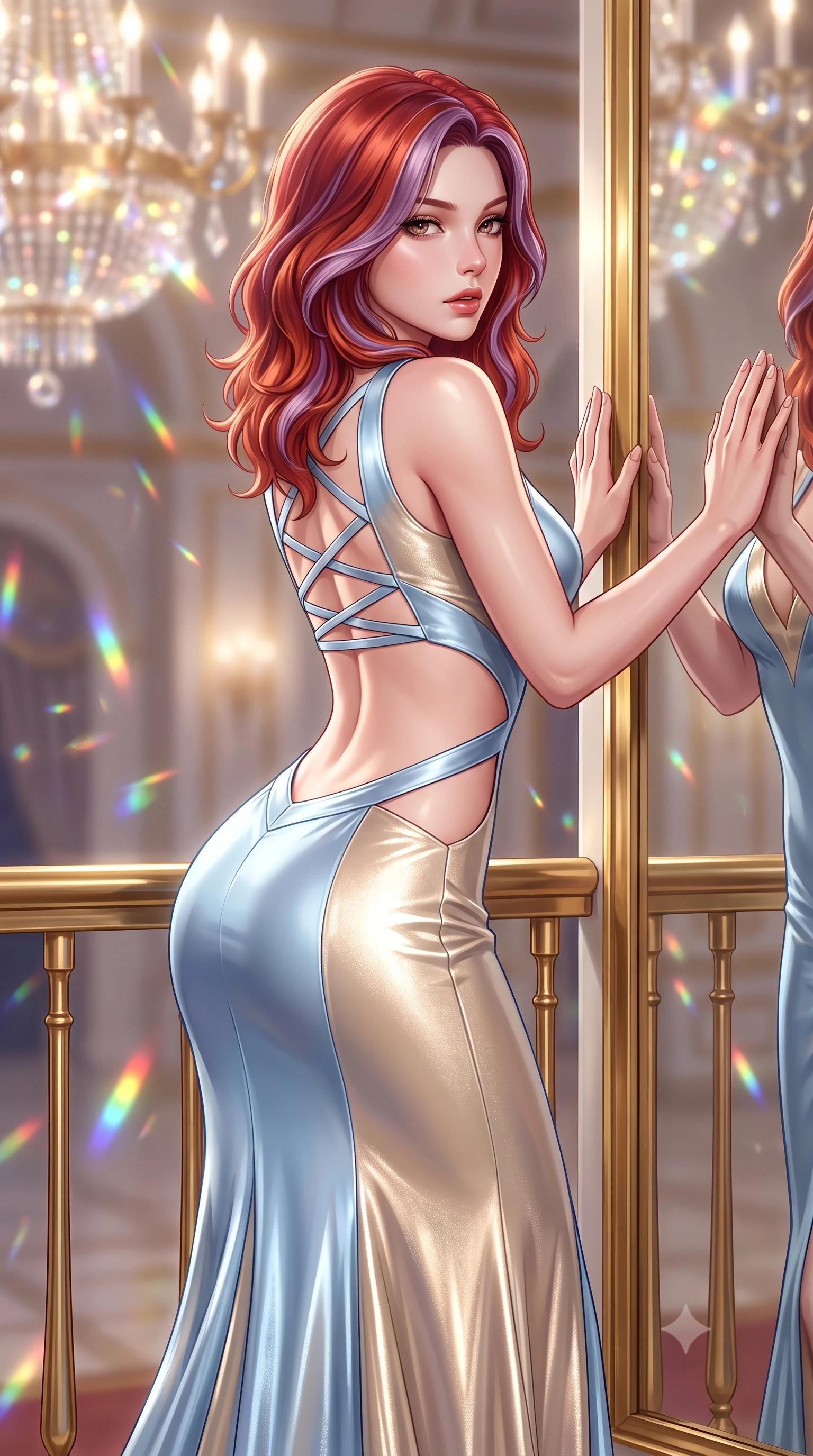 score_9, masterpiece, best quality, ultra-detailed, high-budget anime keyframe, semi-realistic 3D game render, editorial fashion photography, tasteful artistic composition, Caucasian woman. close-up cowboy shot from the waist and thighs up, the character dominates the composition, filling the frame with her large presence. leaning forward against the polished railing with her hips cocked back, creating an intoxicating curve from her narrow waist to sculpted hips as she gazes back into the lens while resting both hands against a colossal gilded mirror panel with lower back arched, glancing over her shoulder at her own reflection with parted glossy lips. The composition keeps background elements in soft focus with creamy bokeh. sparkling chandelier prism refractions scattering dancing rainbow light motes across the hall. She has an exceptionally elegant, slender, and willowy female figure with an ultra-slim waist, a gracefully sculpted slender torso, toned flat midriff, and rounded feminine hips creating an alluring hourglass silhouette. sharp v-shaped jawline, high-bridge nose, intricate jewel-like eyes with depth, thick eyelashes, glossy parted lips with a natural sheen, intensely captivating and seductive bedroom-eyes expression, flawlessly proportioned anatomical accuracy, strict slender model proportions, natural body alignment, perfectly sculpted long slender limbs, ultra-slim waistline, clean dynamic posture without body distortion. wearing a sculptured liquid-satin mermaid gown with an architectural open-waist cutout and bare spine in powder blue and shimmering champagne gold, crafted from luxurious metallic lamé that shifts radiance with every step, accented with criss-cross back satin ribbon lacing highlighting her shoulder blades, the precision-cut side openings and low-back scoop framing her graceful spine and the sensual sweep of her hips. surrounded by an aristocratic, scandalous, and breathlessly mesmerizing imperial duchess aura. highly saturated vibrant anime colors, detailed shading with soft gradients, rich glossy textures, high-contrast stereoscopic depth, volumetric dynamic lighting, master piece, 9:16 ratio