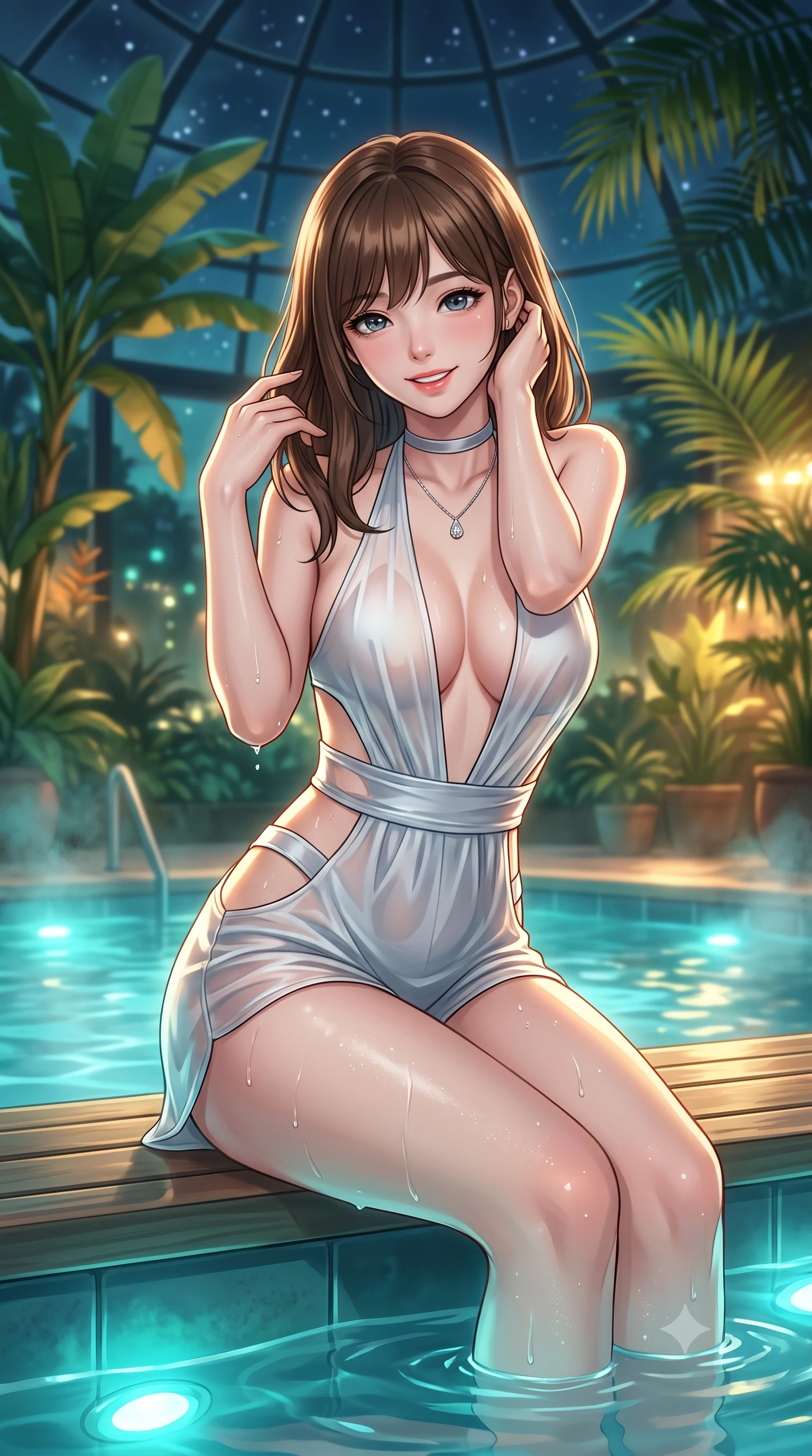 score_9, masterpiece, best quality, ultra-detailed, high-budget anime keyframe, editorial fashion photography, tasteful artistic composition, Korean woman. close-up cowboy shot from the waist and thighs up, the character dominates the composition, filling the frame with her large presence. twisting her slender torso in an alluring contrapposto stance, one hand resting on her sculpted hip while her fingers toy with her hair with effortless poise while sitting gracefully on the submerged pool seat with water lapping at her waist, running one manicured hand slowly down her neck with magnetic poise. The background shows a soft-focus steaming indoor thermal pool, lush subarctic greenhouse banana palms and ferns, and starry subpolar sky through glass dome blurred into emerald, turquoise, and amber bokeh. She has an exceptionally elegant, slender, and willowy female figure with an ultra-slim waist, flat toned midriff, narrow ribcage, and sculpted feminine hips creating an alluring, slim hourglass silhouette without bulk. sharp v-shaped jawline, high-bridge nose, intricate jewel-like sparkling eyes with depth, thick eyelashes, glossy parted lips with a natural peach sheen, bright cheerful beaming smile with an enchanting and coquettish sensual glint, exuding both youthful cute charm and seductive allure, flawlessly proportioned anatomical accuracy, strict slender model proportions, natural body alignment, perfectly sculpted long slender limbs, ultra-slim waistline, clean dynamic posture without body distortion. wearing a daring low-cut halterneck romper with exposed midriff and strappy hip cutouts in pure translucent crystal white and liquid platinum, made of fluid liquid jersey with seamless sculpting hold and smooth contours, finished with a thin velvet ribbon choker and a single teardrop diamond pendant, the bespoke structured tailoring following the natural line of her 8.5-heads silhouette with refined elegance. bathed in warm 2600K botanical grow lamps combined with turquoise underwater pool LEDs and clear Arctic starlight through glass. ultra-reflective glossy finish, specular highlights, rich textural contrasts, high-contrast stereoscopic depth, volumetric dynamic lighting, 2k, ultra detail, master piece, 9:16 ratio