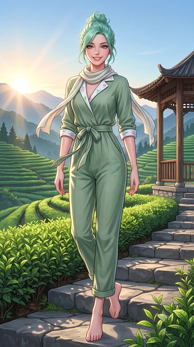 score_9, masterpiece, best quality, ultra-detailed, high-budget anime keyframe, semi-realistic 3D game render, editorial fashion photography, tasteful artistic composition, Japanese woman. low angle full-body shot from head to toe showing her feet, f