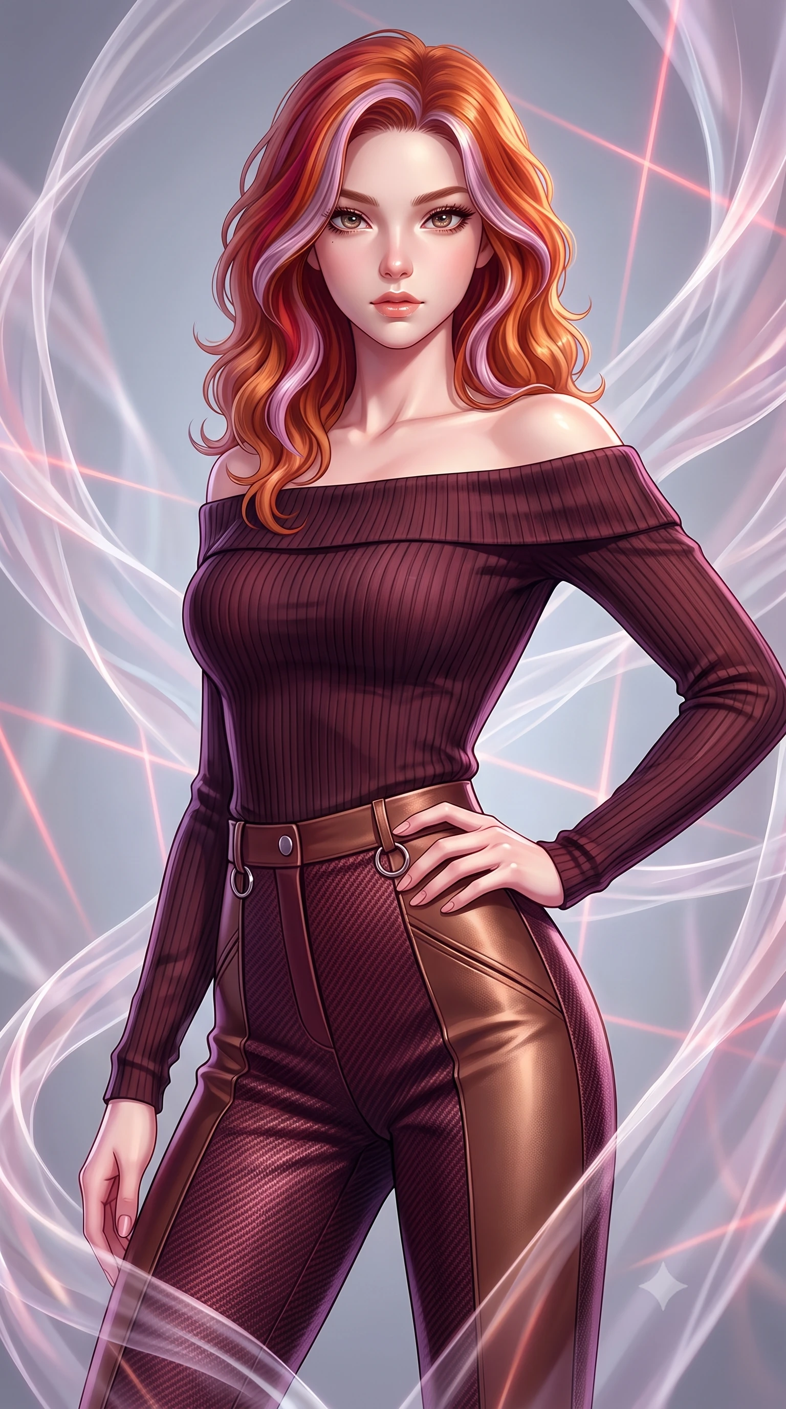 score_9, masterpiece, best quality, ultra-detailed, high-budget anime keyframe, editorial fashion photography, tasteful artistic composition, Caucasian woman. close-up cowboy shot from the waist and thighs up, the character dominates the composition, filling the frame with her large presence, background elements kept in soft focus. Holding a powerful dynamic pose with one hand on her hip and body angled dramatically toward the key light while pivoting her torso in an S-curve alignment inside a 3D fiber-optic loom void, translucent silk-like plasma streams swirling around her silhouette. She has an exceptionally elegant, slender, and willowy female figure with an ultra-slim waist, a gracefully sculpted slender torso, and a refined silhouette. sharp v-shaped jawline, high-bridge nose, intricate jewel-like eyes with depth, thick eyelashes, glossy lips with a natural sheen, flawlessly proportioned anatomical accuracy, natural body alignment, perfectly sculpted elegant limbs, clean dynamic posture without body distortion. wearing a sleek off-shoulder ribbed knit top paired with high-waist tailored pants in deep burgundy and bronze, made of fine carbon-fiber weave and soft matte leather, accented with delicate chrome ring hardware framing her waist, the sleek second-skin texture accentuating her magnetic presence. bathed in sharp geometric laser grid highlights and soft ambient fill. highly saturated vibrant anime colors, detailed shading with soft gradients, rich glossy textures, high-contrast stereoscopic depth, volumetric dynamic lighting, master piece, 9:16 ratio