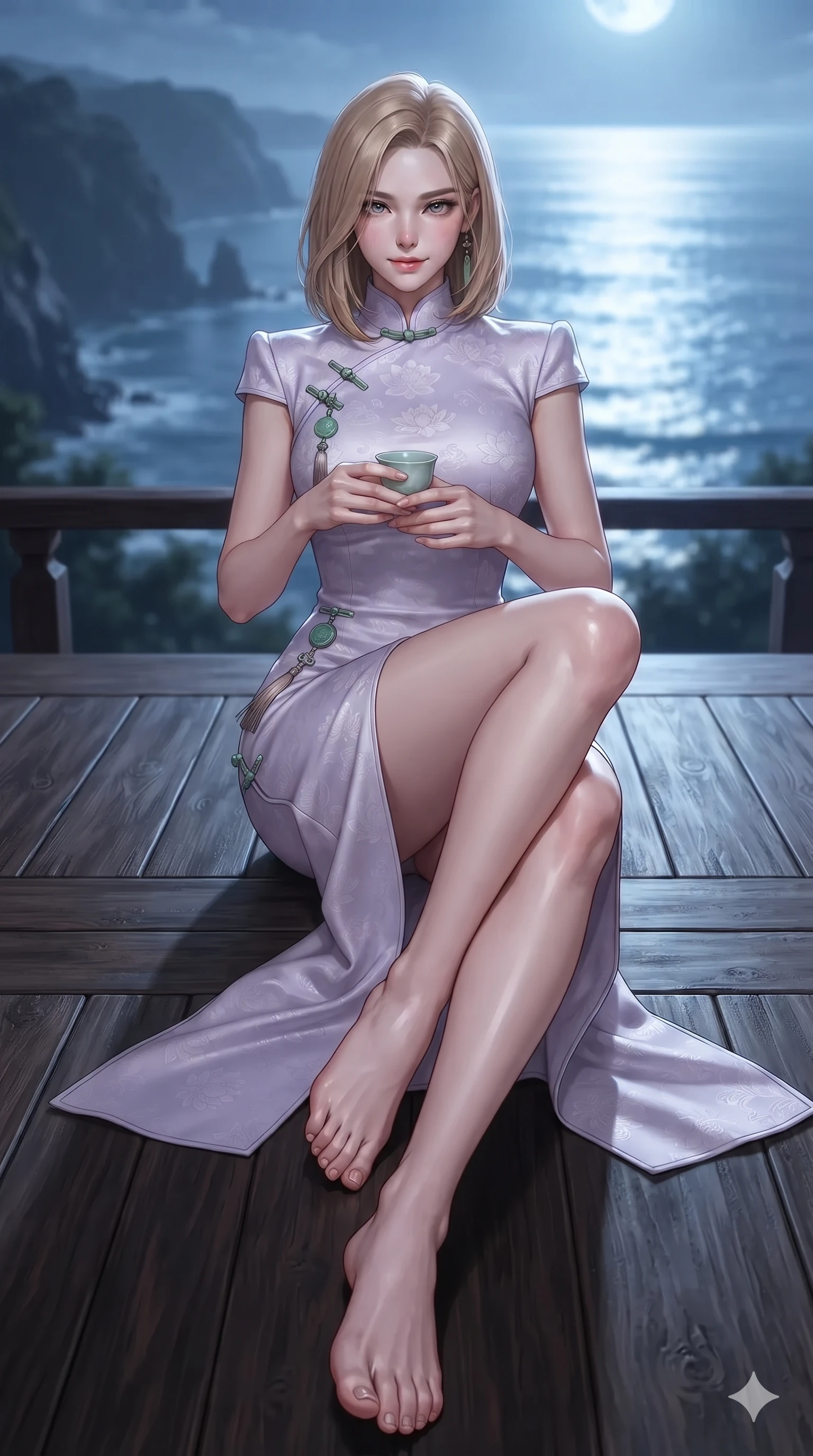 score_9, masterpiece, best quality, ultra-detailed, high-budget anime keyframe, editorial fashion photography, tasteful artistic composition, Korean woman. low angle full-body shot from head to toe showing her feet, filling the entire 9:16 vertical frame with her statuesque presence, stretching her vertical silhouette. stepping slowly toward the camera with hypnotic grace, hips swaying in an alluring sensual rhythm that accentuates her curvy hourglass silhouette and long slender legs while lounging on the wooden pavilion floor with one leg drawn up, holding a celadon wine cup with an intoxicating, teasing smile. The background shows a soft-focus high-cliff ocean terrace softened in coastal panoramic shallow focus. She has an absolutely perfect, statuesque 8.5-heads proportion, an exceptionally tall and slender model-like female figure with impossibly long slender legs, an ultra-slim waist, a flat toned midriff, narrow delicate ribcage, and beautifully sculpted feminine hips creating a graceful, slim hourglass silhouette without any bulky heaviness. sharp v-shaped jawline, high-bridge nose, sparkling eyes with hypnotic seductive depth, thick curled eyelashes, glossy parted lips with a natural dewy peach sheen, alluring bedroom-eyes with an enchanting coquettish smile, exuding magnetic siren charisma and sophisticated glamour, flawlessly proportioned anatomical accuracy, strict slender model proportions, natural body alignment, perfectly sculpted long slender limbs, ultra-slim waistline, clean dynamic posture without body distortion. wearing a refined high-collar fusion qipao evening column gown with structured shoulders and modest jade toggle clasps in vintage bronze patina and pale wisteria lilac, tailored from rich silk jacquard with subtle embossed lotus blossom patterns, finished with authentic carved jade pendants and traditional norigae knots, the bespoke structured tailoring following the natural line of her 8.5-heads silhouette with refined elegance. bathed in high-intensity silver moonlight reflecting off open ocean waters. ultra-reflective glossy finish, specular highlights, rich textural contrasts, high-contrast stereoscopic depth, volumetric dynamic lighting, 2k, ultra detail, master piece, 9:16 ratio