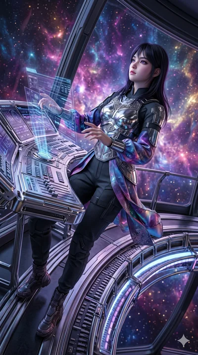 photorealistic 8k CG, hyper-detailed textures, ray-tracing, Japanese woman. Dynamic full-body shot stretching the vertical silhouette with extreme perspective. operating a complex energy projector overlooking a nebula in deep space. sharp v-shaped ja