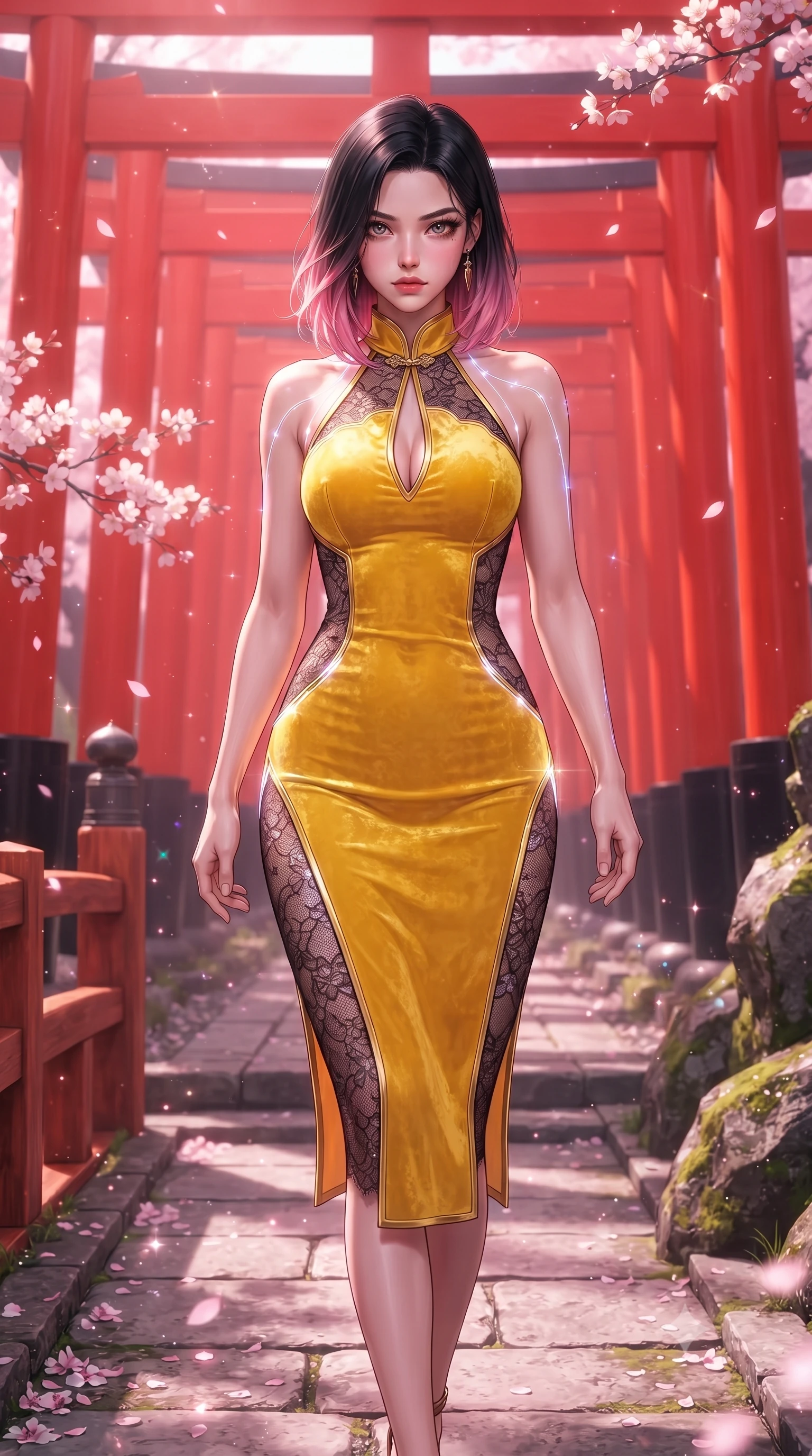 score_9, masterpiece, best quality, ultra-detailed, high-budget anime keyframe, editorial fashion photography, tasteful artistic composition, Korean woman. close-up cowboy shot from the waist and thighs up, the character dominates the composition, filling the frame with her large presence. gazing directly into the lens with bedroom eyes and a breathtaking, dangerous allure that commands the entire composition while striding with imperial grace along a stone pathway framed by an endless arcade of scarlet torii gates. The surrounding environment is rendered in vivid detail and crisp panoramic clarity. sharp cherry blossom petal clusters, wooden bridge railings, and mossy rock textures in high clarity. She has an exceptionally elegant, slender, and willowy female figure with an ultra-slim waist, a gracefully sculpted slender torso, toned flat midriff, and a refined slim silhouette. sharp v-shaped jawline, high-bridge nose, intricate jewel-like eyes with depth, thick eyelashes, glossy lips with a natural sheen, flawlessly proportioned anatomical accuracy, strict slender model proportions, natural body alignment, perfectly sculpted long slender limbs, ultra-slim waistline, clean dynamic posture without body distortion. wearing a velvet halter-neck midi dress fitting her statuesque contour flawlessly with a Tasteful chest slit and open spine in vibrant sunburst canary yellow and gold trim, crafted from delicate dark lace interwoven with luminescent micro-fibers, accented with glowing fiber-optic seams tracing her collarbones and hip curves, the liquid-tight tailored fabric emphasizing every curve of her tall, slender model proportions and sculptured silhouette during dynamic movement. illuminated by soft glowing pink ambient light and sparkling water refractions. ultra-reflective glossy finish, specular highlights, metallic sheen, high-contrast stereoscopic depth, volumetric dynamic lighting, 2k, ultra detail, master piece, 9:16 ratio
