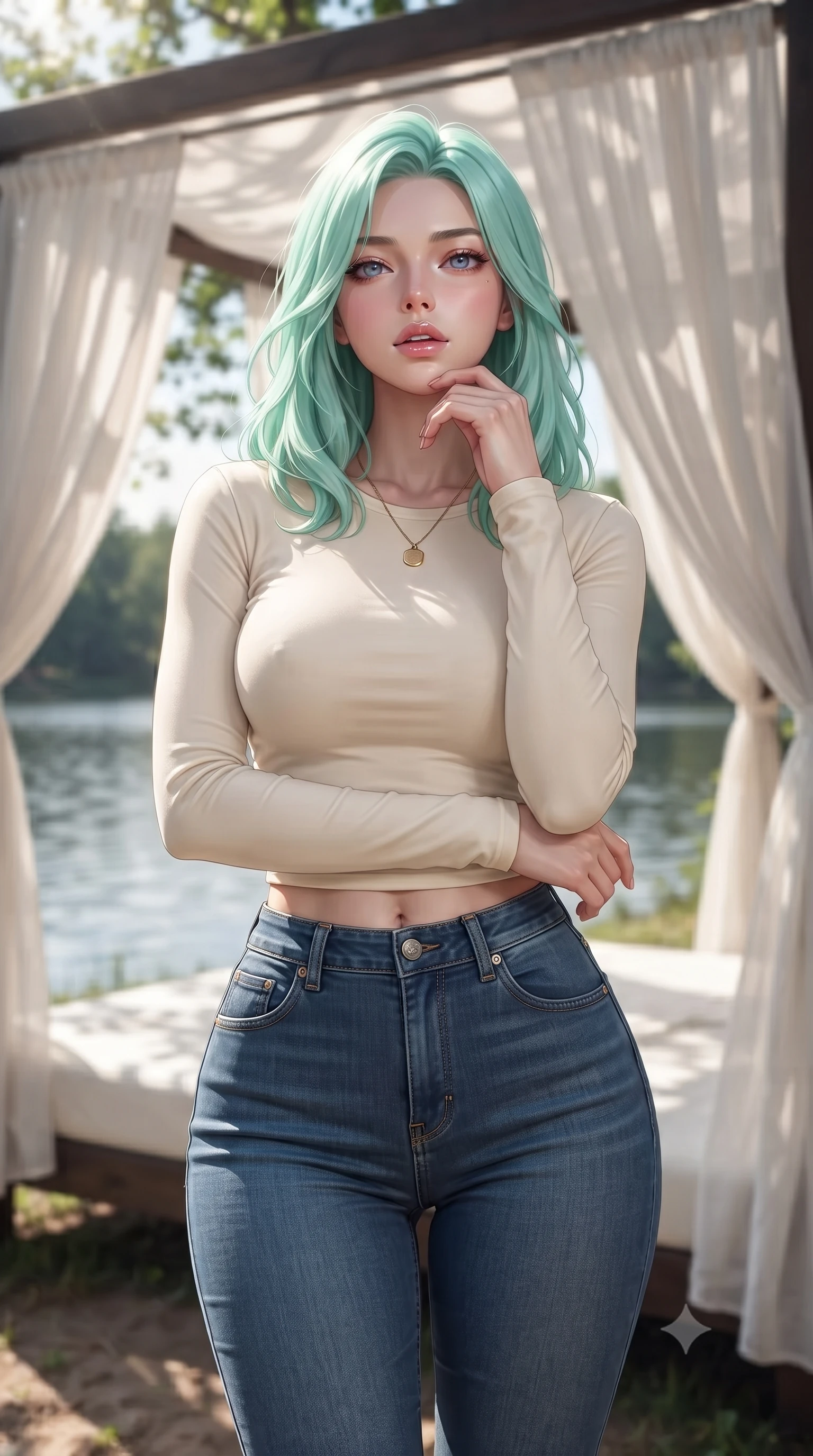 score_9, masterpiece, best quality, ultra-detailed, high-budget anime keyframe, editorial fashion photography, tasteful artistic composition, Japanese woman. close-up cowboy shot from the waist and thighs up, the character dominates the composition, filling the frame with her large presence, background elements kept in soft focus. tilting her chin up slightly with lips parted in a composed, provocative expression the background shows a soft-focus a secluded beach cabana tent with white cotton curtains, next to a calm lake. She has an exceptionally elegant, slender, and willowy female figure with an ultra-slim waist, a gracefully sculpted slender torso, and a refined silhouette. sharp v-shaped jawline, high-bridge nose, intricate jewel-like eyes with depth, thick eyelashes, glossy lips with a natural sheen. wearing a form-contouring body-hugging long-sleeve crop top in cream cotton paired with high-waisted skinny jeans. dappled sunlight filtering through the canopy and drapes. ultra-reflective glossy finish, specular highlights, metallic sheen, high-contrast stereoscopic depth, volumetric dynamic lighting, 2k, ultra detail, master piece, 9:16 ratio