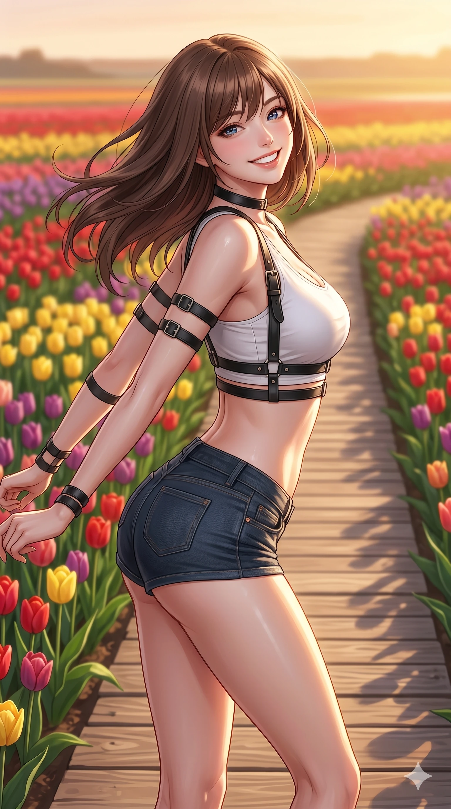 score_9, masterpiece, best quality, ultra-detailed, high-budget anime keyframe, vibrant anime aesthetic, Korean woman. cowboy shot from the thighs up, character and outfit filling the frame for maximum presence. She is leaning back with a bright, radiant smile, looking over her shoulder on a wooden boardwalk winding through a field of tulips (Code-P20-077). She has an absolutely perfect 8-heads proportion, an exceptionally tall and slender female figure with impossibly long slender legs and an ultra-slim waist. V-shaped jawline, high-bridge nose, intricate jewel-like eyes with depth, thick eyelashes, glossy lips with a natural sheen. wearing a harness over a crop top exposing her bare midriff and micro-shorts. She is bright sunbeams casting soft highlights on her athletic form at the terrace. 2k, ultra detail, master piece, 9:16 ratio