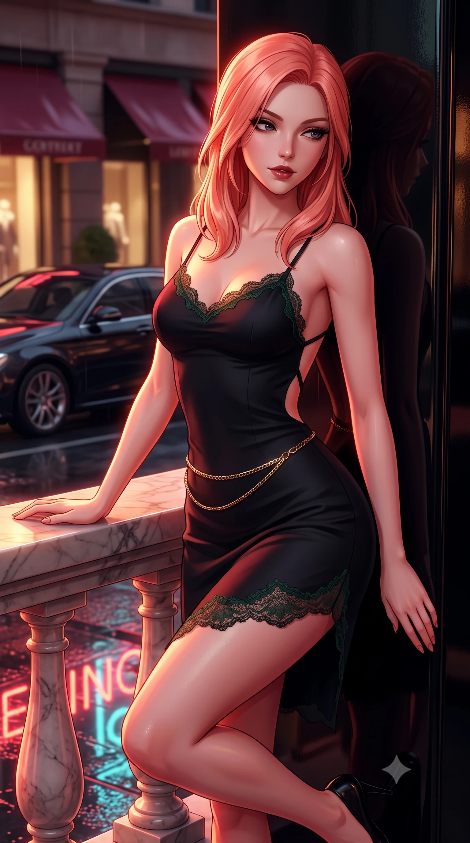 score_9, masterpiece, best quality, ultra-detailed, high-budget anime keyframe, semi-realistic 3D game render, editorial fashion photography, tasteful artistic composition, Japanese woman. close-up cowboy shot from the waist and thighs up, the character dominates the composition, filling the frame with her large presence. resting one elbow on the marble balustrade while arching her spine with dancer poise, her dark bedroom-eyes casting a magnetic sidelong glance while leaning against a polished black lacquer facade with one knee bent, her tailored outfit hugging her narrow waist and feminine hips as neon signs reflect below. The composition keeps background elements in soft focus with dreamy creamy bokeh. passing dark luxury sedans and glossy storefront awnings softened in moody Tokyo noir shallow focus. She has an exceptionally elegant, slender, and willowy female figure with an ultra-slim waist, flat toned midriff, narrow ribcage, and sculpted feminine hips creating an alluring, slim hourglass silhouette without bulk. sharp v-shaped jawline, high-bridge nose, intricate jewel-like dark sparkling eyes with dangerous depth, thick curled eyelashes, glossy parted lips with a rich wine sheen, smoldering seductive half-smile with bedroom-eyes, exuding effortless superiority and intoxicating dark allure, flawlessly proportioned anatomical accuracy, strict slender model proportions, natural body alignment, perfectly sculpted long slender limbs, ultra-slim waistline, clean dynamic posture without body distortion. wearing a strappy black silk slip dress with delicate lace scallop edging along the neckline and hem in dark emerald green and brushed antique bronze, tailored from fine lightweight midnight wool crepe with crisp architectural structure, finished with a delicate gold snake chain belt resting loosely across her curvy hips, the precision-cut side openings and low-back scoop framing her graceful spine and the sensual sweep of her slim, toned hips. bathed in intense saturated crimson and warm gold neon underlights contrasting with dark rain-soaked shadow tones. highly saturated vibrant anime colors, detailed shading with soft gradients, rich glossy textures, high-contrast stereoscopic depth, volumetric dynamic lighting, master piece, 9:16 ratio