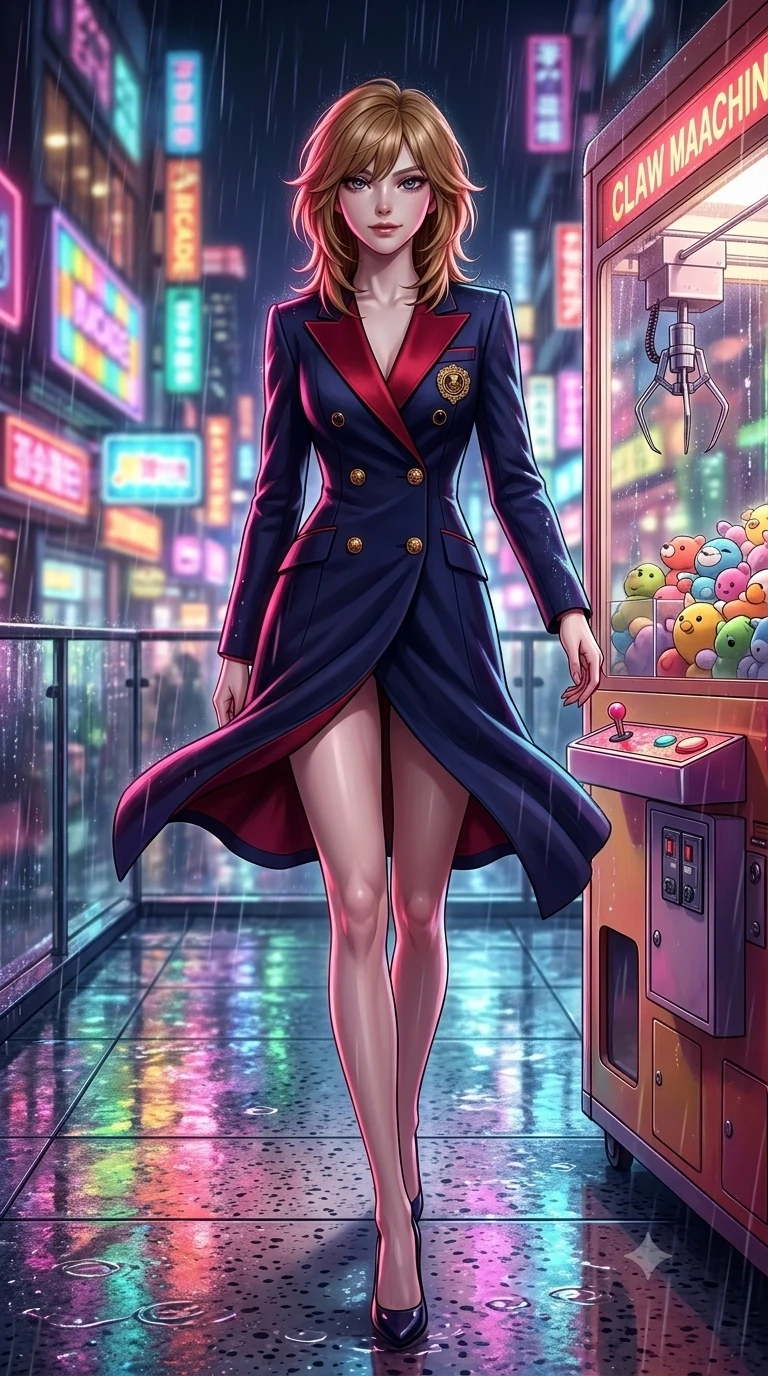 score_9, masterpiece, best quality, ultra-detailed, high-budget anime keyframe, semi-realistic 3D game render, editorial fashion photography, tasteful artistic composition, Korean woman. low angle full-body shot from head to toe showing her feet, filling the entire 9:16 vertical frame with her statuesque presence, stretching her vertical silhouette. striding across the rain-swept glass terrace, nocturnal breezes whipping her garments open to accentuate her long slender legs and curvy hips while twisting her slender torso in an alluring S-curve beside the retro crane machine vitrine, colorful game lights dancing across her curves. The background shows a soft-focus multi-story neon arcade facades, glowing claw machine prize cases, and streaking rain reflections blurred into rainbow neon bokeh. She has an exceptionally tall and slender model-like 8.5-heads proportion, an ultra-slim waist, a flat toned midriff, narrow delicate ribcage, and beautifully sculpted feminine hips creating a graceful, slim hourglass silhouette without any bulky heaviness, with impossibly long slender legs. sharp v-shaped jawline, high-bridge nose, intricate jewel-like dark sparkling eyes with dangerous depth, thick curled eyelashes, glossy parted lips with a rich wine sheen, smoldering seductive half-smile with bedroom-eyes, exuding effortless superiority and intoxicating dark allure, flawlessly proportioned anatomical accuracy, strict slender model proportions, natural body alignment, perfectly sculpted long slender limbs, ultra-slim waistline, clean dynamic posture without body distortion. wearing a tailored double-breasted midnight tuxedo jacket dress with satin peak lapels and golden lion-head buttons in Tokyo Tower scarlet crimson and midnight indigo, woven from bespoke high-density barathea wool with refined ceremonial hold, finished with an authentic engraved gold medallion and obsidian cabochons, the impeccably tailored cut draping gracefully along her slender figure with aristocratic noir poise. illuminated by wet terrazzo floor bounce and sharp neon-pink rim lights defining her razor-sharp jawline, narrow waist, and curvy hips. highly saturated vibrant anime colors, detailed shading with soft gradients, rich glossy textures, high-contrast stereoscopic depth, volumetric dynamic lighting, master piece, 9:16 ratio