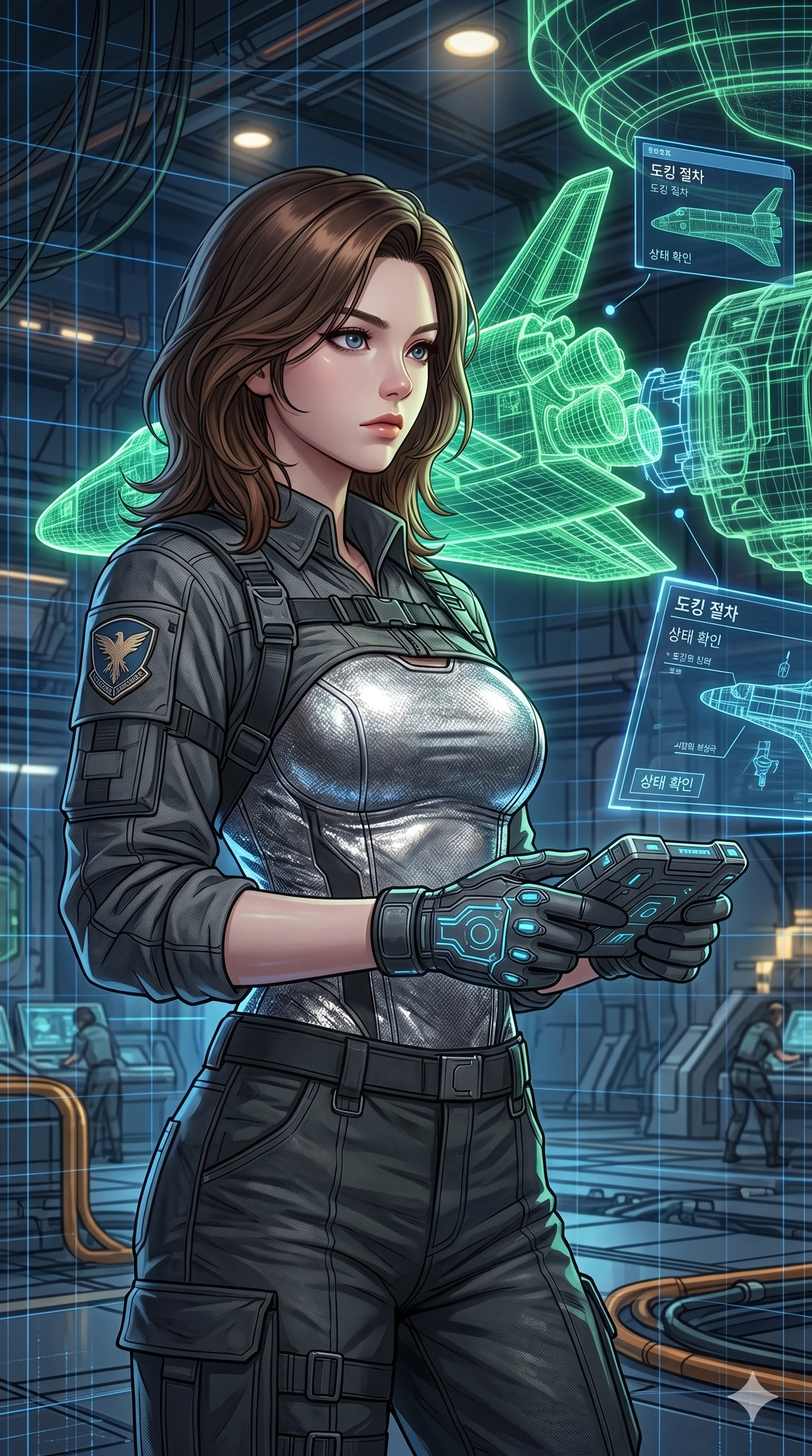 score_9, masterpiece, best quality, ultra-detailed, high-budget anime keyframe, Korean woman. Upper body close-up from the thighs up, character filling the screen for maximum presence. Inside a virtual reality space station hangar, watching a wireframe shuttle dock with a focused, serious expression. She is wearing a tech-wear uniform shirt over a silver bodice and dark trousers. The scene is lit by the blue security grid and white spotlights of the docking bay. 2k, ultra detail, master piece, 9:16 ratio
