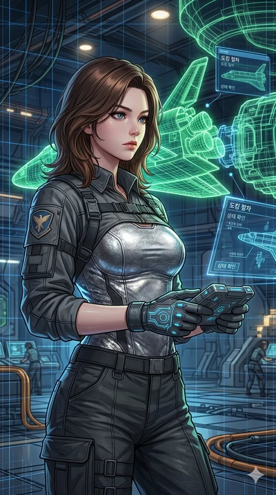 score_9, masterpiece, best quality, ultra-detailed, high-budget anime keyframe, Korean woman. Upper body close-up from the thighs up, character filling the screen for maximum presence. Inside a virtual reality space station hangar, watching a wirefra