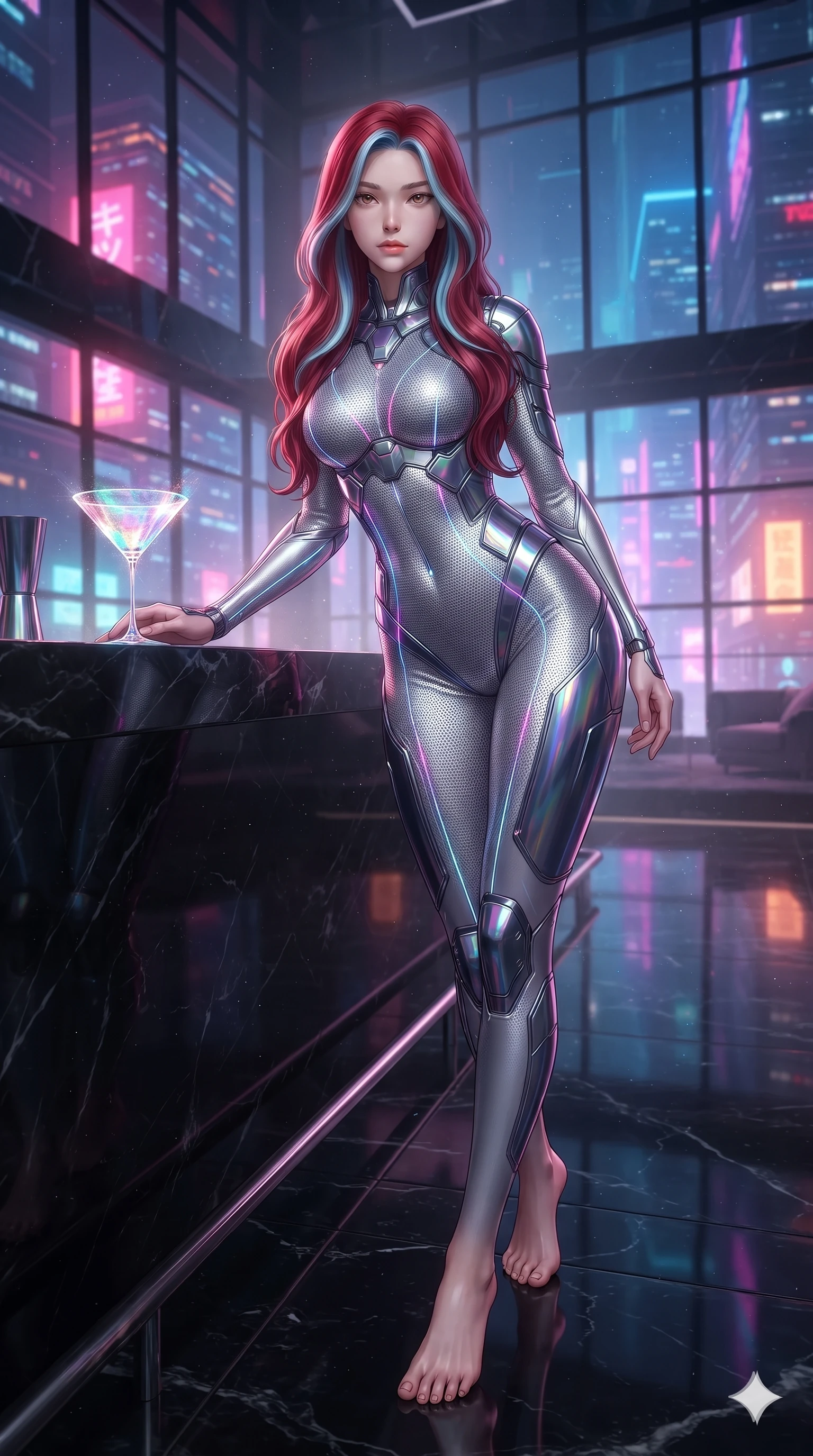 score_9, masterpiece, best quality, ultra-detailed, high-budget anime keyframe, editorial fashion photography, tasteful artistic composition, Caucasian woman. low angle full-body shot from head to toe showing her feet, filling the entire 9:16 vertical frame with her statuesque presence, stretching her vertical silhouette. stepping slowly toward the camera with hypnotic grace, hips swaying in an alluring sensual rhythm that accentuates her curvy hourglass silhouette and long slender legs while leaning over the black marble bar with hips cocked back, looking through a holographic cocktail glass with heavy-lidded seductive bedroom-eyes. The surrounding environment is rendered in vivid detail and crisp panoramic clarity: sharp holographic dice numeral facets, polished black marble counter bevels, and crisp skyscraper window grids in deep focus. She has an absolutely perfect, statuesque 8.5-heads proportion, an exceptionally tall and slender model-like female figure with impossibly long slender legs, an ultra-slim waist, a flat toned midriff, narrow delicate ribcage, and beautifully sculpted feminine hips creating a graceful, slim hourglass silhouette without any bulky heaviness. sharp v-shaped jawline, high-bridge nose, intricate jewel-like sparkling eyes with depth, thick eyelashes, glossy parted lips with a natural sheen, bright confident smile with an enchanting and coquettish sensual glint, exuding both youthful magnetic charm and sovereign high-tech allure, flawlessly proportioned anatomical accuracy, strict slender model proportions, natural body alignment, perfectly sculpted long slender limbs, ultra-slim waistline, clean dynamic posture without body distortion. wearing a form-contouring delicate silver nano-mesh bodysuit with strategically placed chrome armor plate guards covering key curves in iridescent dark chrome and holographic violet, crafted from sheer technical cyber-lace reinforced with ultra-thin Kevlar threads, accented with illuminated micro-fiber optic circuit threads tracing along her ribs and spine, the form-fitting tactical tailoring adhering flawlessly to her sculpted flat midriff and slender torso, emphasizing her long leg lines and perfectly proportioned willowy build. bathed in the dazzling panoramic ambient glow of the multi-tiered neon metropolis filtered through panoramic glass. ultra-reflective glossy finish, specular highlights, rich textural contrasts, high-contrast stereoscopic depth, volumetric dynamic lighting, 2k, ultra detail, master piece, 9:16 ratio