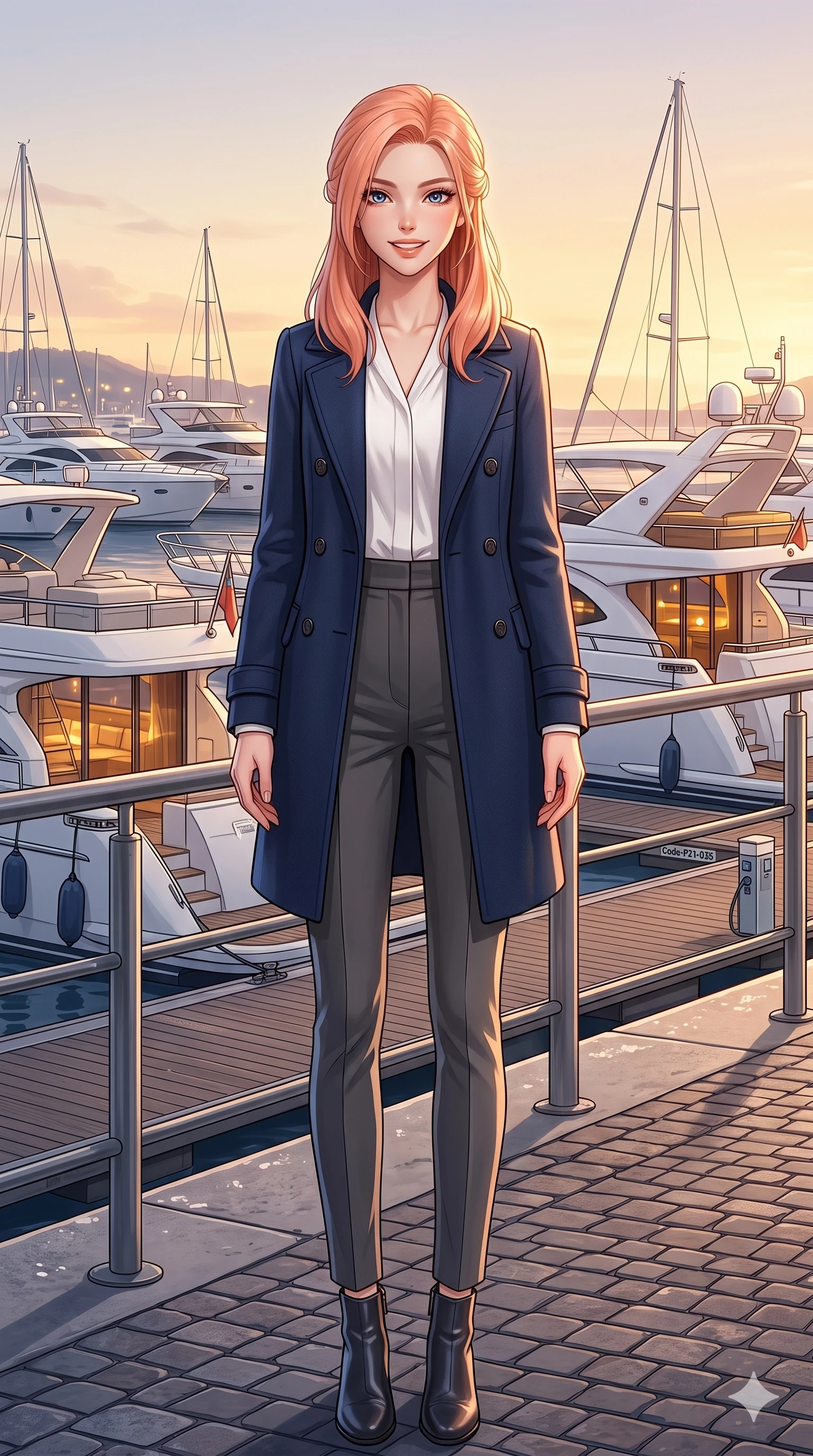 score_9, masterpiece, best quality, ultra-detailed, high-budget anime keyframe, vibrant anime aesthetic, Japanese woman. low angle full-body shot from head to toe showing her feet, filling the entire 9:16 vertical frame with her statuesque presence, stretching her vertical silhouette. She is standing proud in the winter sun, her lips curved in a warm, lively grin by a harbor promenade with white luxury yachts in the winter sun (Code-P21-036). She has an absolutely perfect 8-heads proportion, an exceptionally tall and slender female figure with impossibly long slender legs and an ultra-slim waist. V-shaped jawline, high-bridge nose, intricate jewel-like eyes with depth, thick eyelashes, glossy lips with a natural sheen. wearing a double-breasted wool coat over a blouse and tailored pants in winter. She is soft golden twilight glow mixed with warm cabin lights, tracing her eyelashes. 2k, ultra detail, master piece, 9:16 ratio