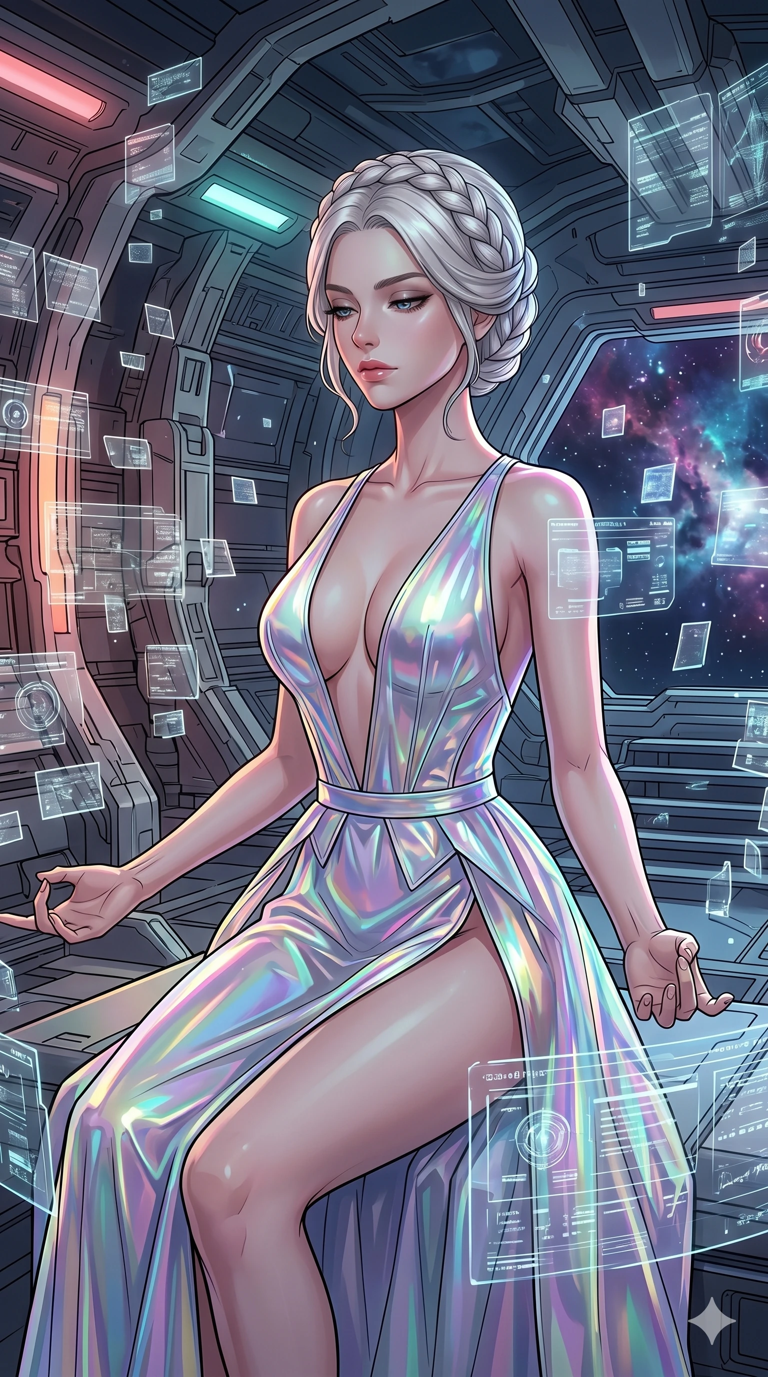 score_9, masterpiece, best quality, ultra-detailed, high-budget anime movie keyframe, cinematic anime lighting, intricate line art, Caucasian (strictly human ears) woman. Upper body filling screen focusing on her alluring features and slim-fit silhouette. meditating peacefully in a futuristic orbital station surrounded by floating data-shards. She has an absolutely perfect 8-heads proportion, an exceptionally tall and slender female figure with an ultra-slim waist and impossibly long slender legs. sharp v-shaped jawline, high-bridge nose, intricate jewel-like eyes, thick eyelashes, glossy lips. Wearing avant-garde high-fashion gown made of iridescent vinyl with a dangerously high side slit and a plunging neckline, revealing an ultra-slim waist and long slender legs. The scene is illuminated by dramatic atmospheric lighting and vibrant color palettes. , 2k, ultra detail, master piece, 9:16 ratio