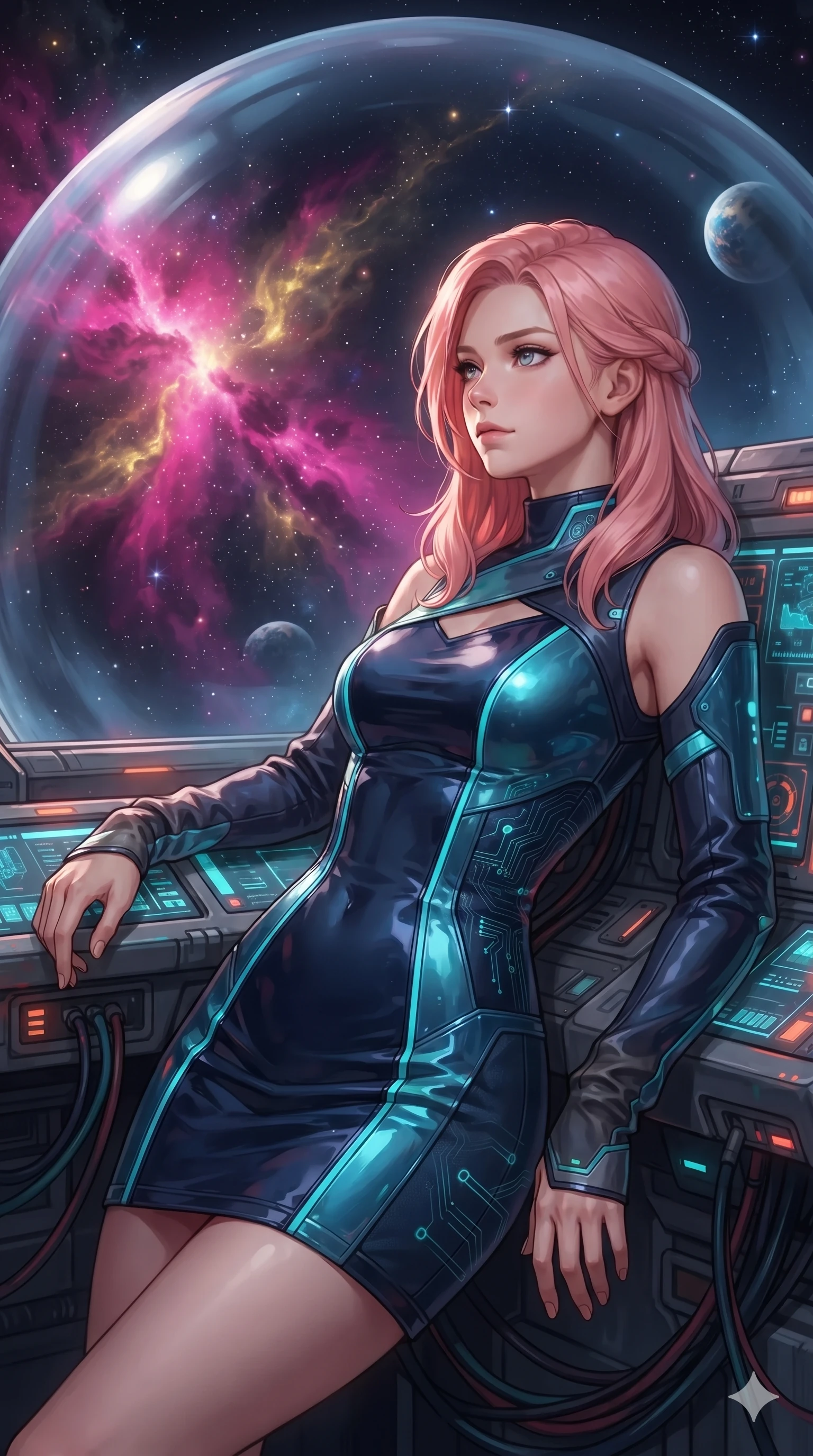 score_9, masterpiece, best quality, ultra-detailed, high-budget anime keyframe, editorial fashion photography, tasteful artistic composition, Japanese woman. close-up cowboy shot from the waist and thighs up, the character dominates the composition, filling the frame with her large presence. leaning back against the glowing maintenance bulkhead with relaxed seductive grace, her flat midriff and narrow waist highlighted as laser ambient light traces her curves while standing poised in the center of the transparent hemispherical observation dome, arching her spine with ethereal siren poise as vibrant magenta and gold emission nebulae surround her. The surrounding environment is rendered in vivid detail and crisp panoramic clarity: detailed cybernetic pilot suit tailoring, magnetic holster clasps, and monumental astrophysical architecture in razor-sharp precision. She has an exceptionally elegant, slender, and willowy female figure with an ultra-slim waist, flat toned midriff, narrow ribcage, and sculpted feminine hips creating an alluring, slim hourglass silhouette without bulk. sharp v-shaped jawline, high-bridge nose, intricate jewel-like sparkling eyes with depth, thick eyelashes, glossy parted lips with a natural sheen, bright confident smile with an enchanting and coquettish sensual glint, exuding both youthful magnetic charm and sovereign high-tech allure, flawlessly proportioned anatomical accuracy, strict slender model proportions, natural body alignment, perfectly sculpted long slender limbs, ultra-slim waistline, clean dynamic posture without body distortion. wearing a plunge-front sheer illusion technical mesh slip dress with liquid platinum ribbon stripes hugging her curves in deep space navy and laser turquoise, tailored from ultra-reflective glossy liquid vinyl with mirror-like specular highlights, finished with high-tension magnetic quick-release clasps glinting along her collarbones, the high-slit tactical tailoring accentuating her ultra-slim waistline and the enchanting curve of her feminine hips with alluring seductive charm. bathed in the soft, multi-colored omnidirectional glow of glowing stellar nebulae combined with crisp under-floor floor uplights. ultra-reflective glossy finish, specular highlights, rich textural contrasts, high-contrast stereoscopic depth, volumetric dynamic lighting, 2k, ultra detail, master piece, 9:16 ratio