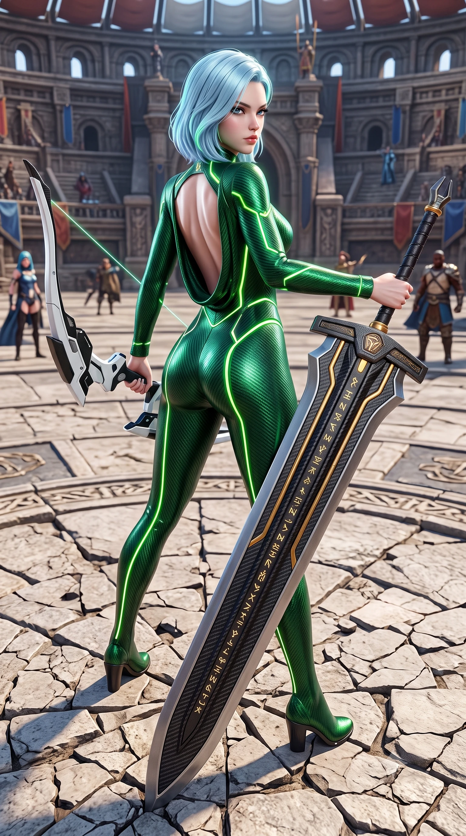 score_9, masterpiece, best quality, ultra-detailed, high-budget anime keyframe, semi-realistic 3D game render, editorial fashion photography, tasteful artistic composition, Korean woman. close-up cowboy shot from the waist and thighs up, the character dominates the composition, filling the frame with her large presence. twisting her upper body in a dynamic S-curve combat stance, one hand steadying her weapon with commanding supermodel allure while pivoting dynamically as she plants the colossal greatsword tip into the ground, leaning on the hilt with sovereign poise. The surrounding environment is rendered in vivid detail and crisp panoramic clarity. detailed carbon-composite sword fuller weave, glowing golden power conduits, and cracked arena stone in deep focus. She has an exceptionally elegant, slender, and willowy female figure with an ultra-slim waist, a gracefully sculpted slender torso, toned flat midriff, and a refined slim silhouette. sharp v-shaped jawline, high-bridge nose, intricate jewel-like eyes with depth, thick eyelashes, glossy lips with a natural sheen, flawlessly proportioned anatomical accuracy, strict slender model proportions, natural body alignment, perfectly sculpted long slender limbs, ultra-slim waistline, clean dynamic posture without body distortion. wearing a tailored emerald-green carbon-fiber tactical jumpsuit with glowing lime LED channels and an open cowl back, drawing a floating holographic photon energy bow with supreme grace in monochrome white enamel carbon with high-contrast black panels, formed from high-gloss patent carbon-plating with specular chiaroscuro reflections, accented with glowing fiber-optic conduits tracing her collarbones and hip curves, the liquid-tight tailored fabric emphasizing every curve of her tall, slender model proportions and sculptured silhouette during dynamic movement. illuminated by sharp specular highlights tracing her ultra-slim waist, long legs, and flat midriff. rich saturated anime colors with glowing neon highlights, detailed shading with soft gradients, rich glossy textures, high-contrast stereoscopic depth, volumetric dynamic lighting, master piece, 9:16 ratio
