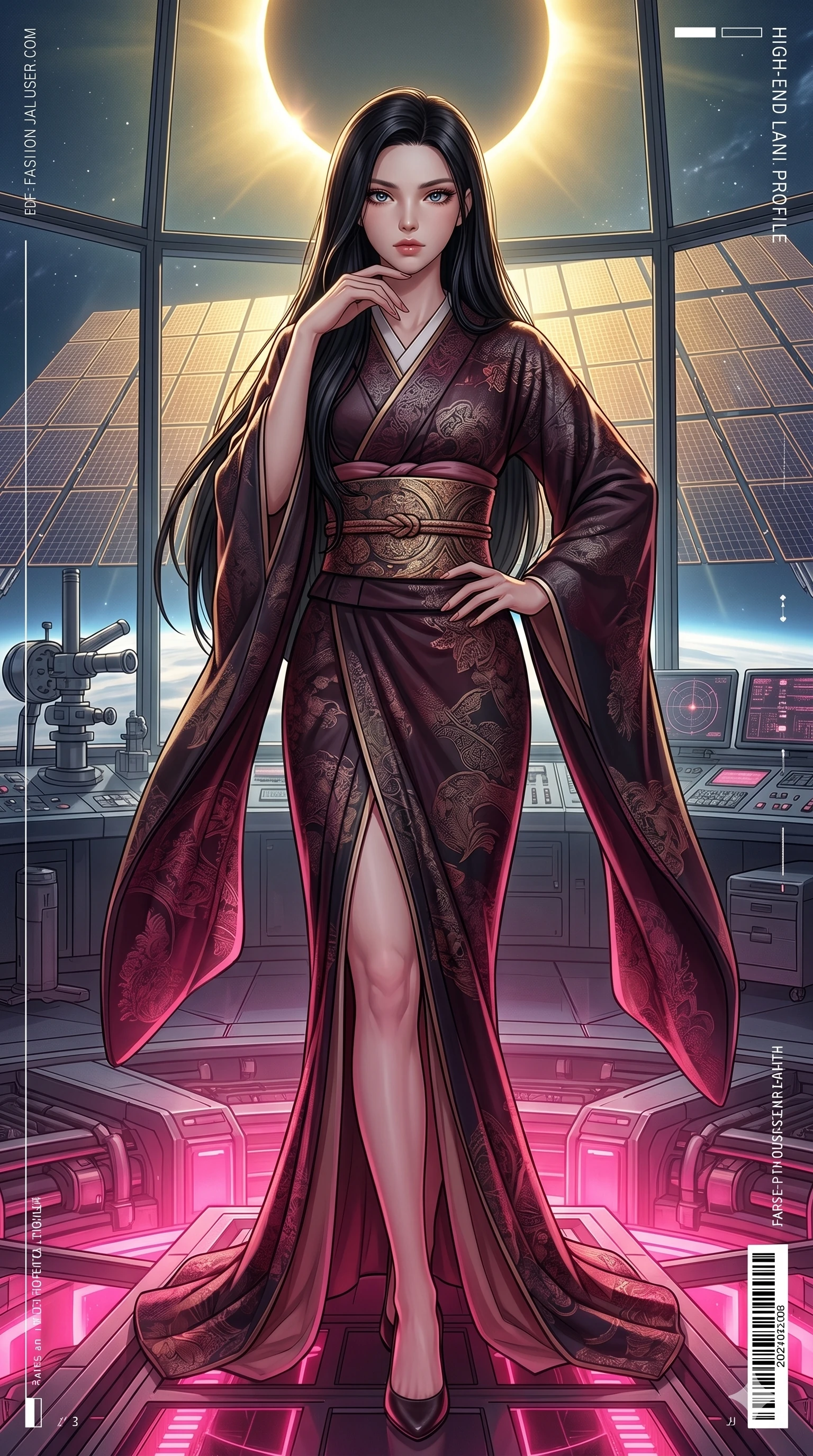 score_9, masterpiece, best quality, ultra-detailed, high-budget anime keyframe, editorial fashion photography, tasteful artistic composition, Korean woman. cowboy shot from the thighs up, character and outfit filling the frame for maximum editorial presence. gazing past the camera with an air of effortless superiority inside a solar sail observation deck during a solar eclipse (Code-P17-006). She has an absolutely perfect 8-heads proportion, an exceptionally tall and slender female figure with impossibly long slender legs and an ultra-slim waist. V-shaped jawline, high-bridge nose, intricate jewel-like eyes with depth, thick eyelashes, glossy lips with a natural sheen. wearing a traditional wrap kimono dress with a wide obi belt and long elegant sleeves. bathed in a dramatic contrast of hot pink furnace glow from below and cool golden light from above. 2k, ultra detail, master piece, 9:16 ratio