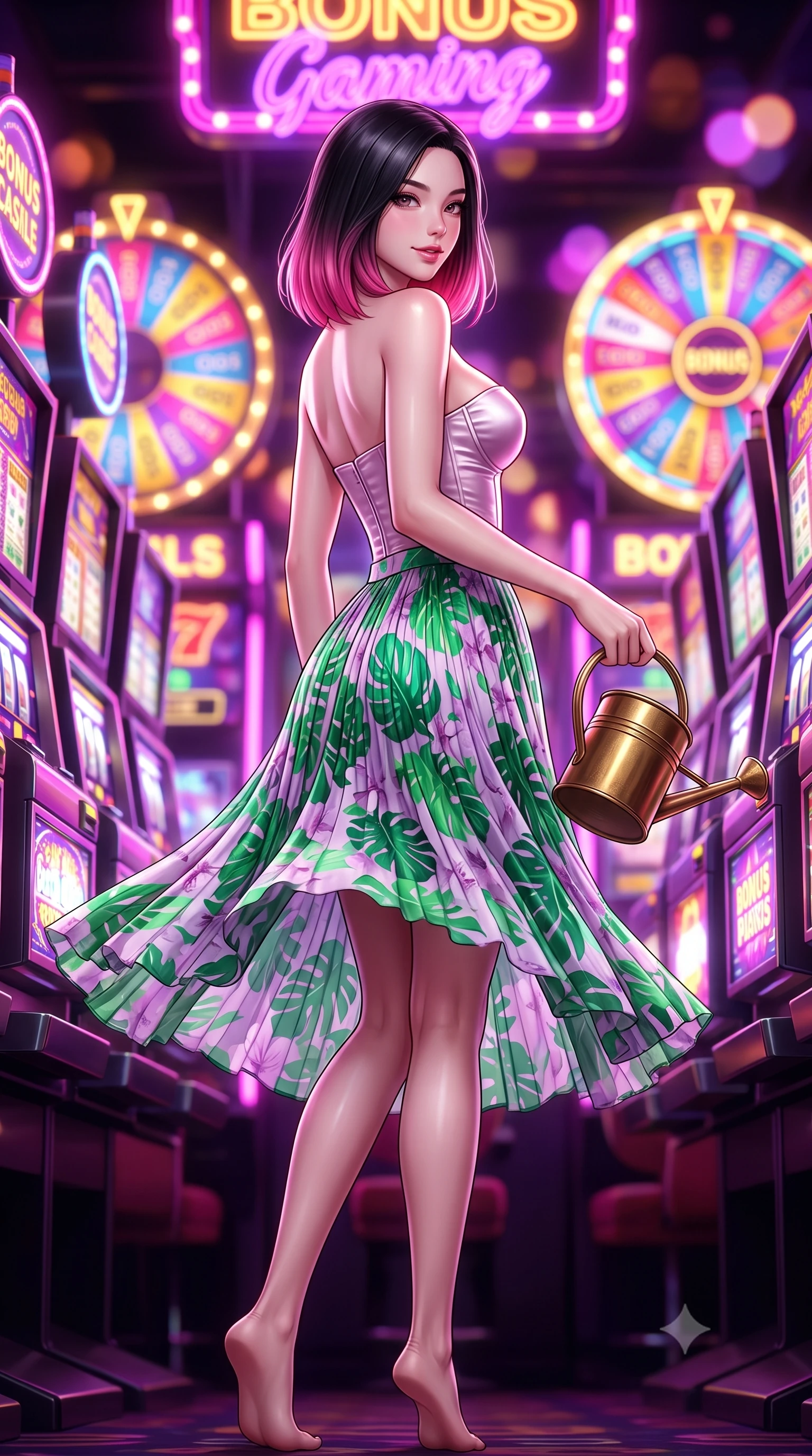 score_9, masterpiece, best quality, ultra-detailed, high-budget anime keyframe, semi-realistic 3D game render, editorial fashion photography, tasteful artistic composition, Korean woman. low angle full-body shot from head to toe showing her feet, filling the entire 9:16 vertical frame with her statuesque presence, stretching her vertical silhouette. executing a slow, graceful pivot turn as her skirt sways around her slender legs, glancing back with an enchanting, teasing sensual expression while standing poised in the narrow neon gaming corridor, arching her spine as jackpot strobe lights flash across her curves. The background shows a soft-focus hundreds of flashing digital slot reels, spinning bonus wheels, and overhead neon signs blurred into electric fuchsia, gold, and violet bokeh. She has an absolutely perfect, statuesque 8.5-heads proportion, an exceptionally tall and slender model-like female figure with impossibly long slender legs, an ultra-slim waist, a flat toned midriff, narrow delicate ribcage, and beautifully sculpted feminine hips creating a graceful, slim hourglass silhouette without any bulky heaviness. sharp v-shaped jawline, high-bridge nose, sparkling eyes with hypnotic seductive depth, thick curled eyelashes, glossy parted lips with a natural dewy peach sheen, alluring bedroom-eyes with an enchanting coquettish smile, exuding magnetic siren charisma and sophisticated glamour, flawlessly proportioned anatomical accuracy, strict slender model proportions, natural body alignment, perfectly sculpted long slender limbs, ultra-slim waistline, clean dynamic posture without body distortion. wearing a strapless boned satin bustier paired with an airy micro-pleated floral chiffon skirt framing her hourglass hips in vibrant jungle monstera green and dewy orchid lavender, crafted from fluid liquid silk satin that clings smoothly to every curve with a dewy sheen, finished with an antique brass watering can held casually at her side, the glove-like clinging cut tightly following the natural contour of her hips and long slender legs with youthful 8.5-heads elegance. bathed in rapid rhythmic multi-color neon pulses spilling from dozens of gaming machines. highly saturated vibrant anime colors, detailed shading with soft gradients, rich glossy textures, high-contrast stereoscopic depth, volumetric dynamic lighting, master piece, 9:16 ratio