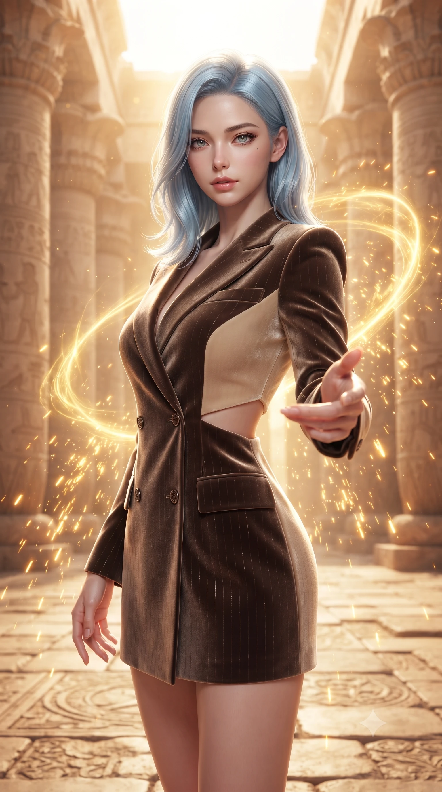 score_9, masterpiece, best quality, ultra-detailed, high-budget anime keyframe, editorial fashion photography, tasteful artistic composition, Korean woman. close-up cowboy shot from the waist and thighs up, the character dominates the composition, filling the frame with her large presence, background elements kept in soft focus. Reaching her hand gracefully toward the camera with magnetic allure, her torso turning in a dynamic S-curve alignment while forging dynamically through an architectural sun temple as golden energy arcs erupt nearby, blazing solar flare sparks falling like a golden shower around her statuesque figure. She has an exceptionally elegant, slender, and willowy female figure with an ultra-slim waist, a gracefully sculpted slender torso, and a refined silhouette. sharp v-shaped jawline, high-bridge nose, intricate jewel-like eyes with depth, thick eyelashes, glossy lips with a natural sheen, flawlessly proportioned anatomical accuracy, natural body alignment, perfectly sculpted elegant limbs, clean dynamic posture without body distortion. wearing a double-breasted blazer dress with subtle metallic pin-stripes in espresso brown and warm cream, made of premium stretch velvet with a rich sheen, featuring subtle geometric cutouts that highlight her ultra-slim midriff, the elegant draped fit framing her graceful clavicle and slender torso. bathed in glorious golden solar flares and intense warm sunburst backlighting. ultra-reflective glossy finish, specular highlights, metallic sheen, high-contrast stereoscopic depth, volumetric dynamic lighting, 2k, ultra detail, master piece, 9:16 ratio