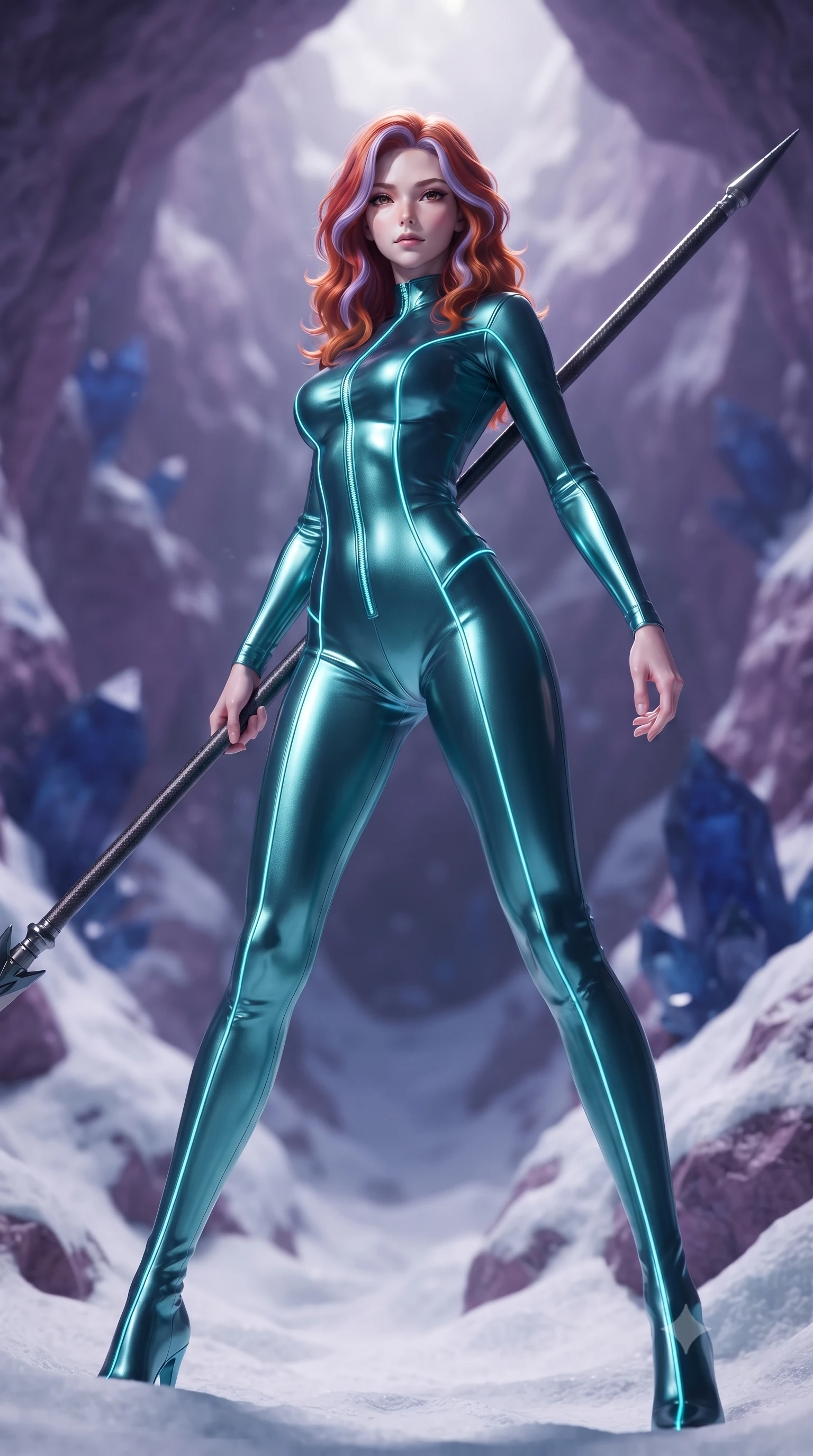 score_9, masterpiece, best quality, ultra-detailed, high-budget anime keyframe, editorial fashion photography, tasteful artistic composition, Caucasian woman. low angle full-body shot from head to toe showing her feet, filling the entire 9:16 vertical frame with her statuesque presence, stretching her vertical silhouette. standing in a dynamic combat stance with a carbon-fiber spear held diagonally, stretching her statuesque body, the background shows a soft-focus a mountain peak cavern with snow drifts and blue quartz formations. She has an absolutely perfect, statuesque 8.5-heads proportion, an exceptionally tall and slender model-like female figure with impossibly long slender legs and an ultra-slim waist. sharp v-shaped jawline, high-bridge nose, intricate jewel-like eyes with depth, thick eyelashes, glossy lips with a natural sheen. wearing a tailored body-hugging metallic teal catsuit with thin cyan LED lighting trims along the seams. bright morning starlight highlighting white snow and purple rock in vivid tones. ultra-reflective glossy finish, specular highlights, metallic sheen, high-contrast stereoscopic depth, volumetric dynamic lighting, 2k, ultra detail, master piece, 9:16 ratio