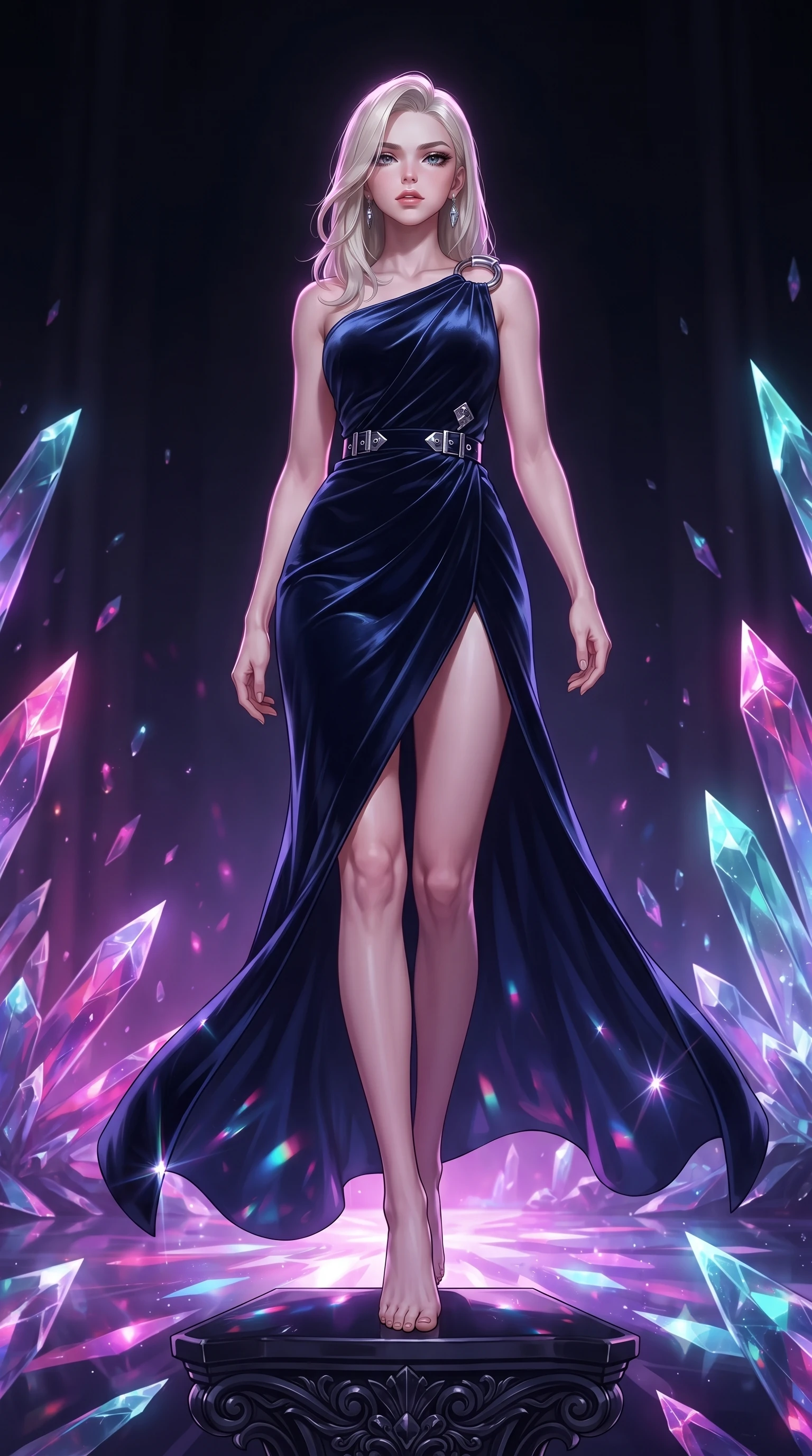 score_9, masterpiece, best quality, ultra-detailed, high-budget anime keyframe, editorial fashion photography, tasteful artistic composition, Caucasian woman. low angle full-body shot from head to toe showing her feet, filling the entire 9:16 vertical frame with her statuesque presence, stretching her vertical silhouette. forging dynamically through the scene, her vertical silhouette beautifully stretched resting on a carved obsidian altar surrounded by radiant crystal shards, sharp crystalline reflections creating an opulent, jewel-like ambience. She has an absolutely perfect, statuesque 8.5-heads proportion, an exceptionally tall and slender model-like female figure with impossibly long slender legs and an ultra-slim waist. sharp v-shaped jawline, high-bridge nose, intricate jewel-like eyes with depth, thick eyelashes, glossy lips with a natural sheen. wearing an asymmetrical Grecian draped chiffon gown with a metallic shoulder ring in midnight navy blue and chrome trim, made of premium stretch velvet with a rich sheen, detailed with polished silver buckles along the waistline, the elegant draped fit framing her graceful clavicle and slender torso. illuminated by radiant purple, magenta, and cyan crystal inner glow. highly saturated vibrant anime colors, detailed shading with soft gradients, rich glossy textures, high-contrast stereoscopic depth, volumetric dynamic lighting, master piece, 9:16 ratio