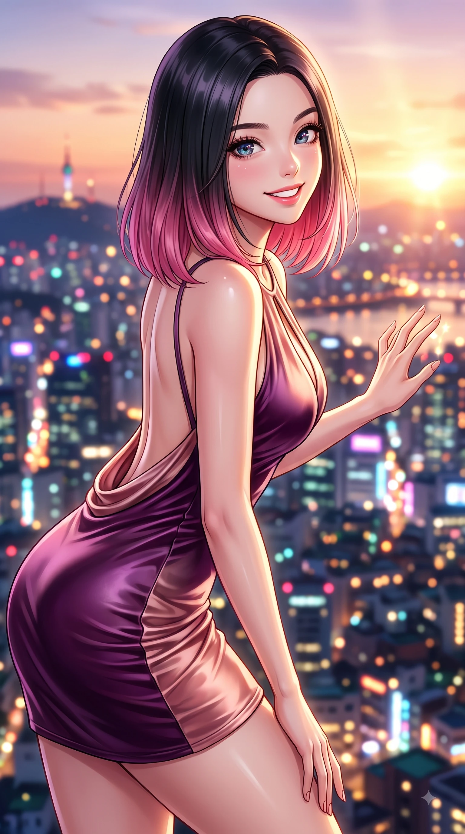 score_9, masterpiece, best quality, ultra-detailed, high-budget anime keyframe, editorial fashion photography, tasteful artistic composition, Korean woman. close-up cowboy shot from the waist and thighs up, the character dominates the composition, filling the frame with her large presence. Cheerful beaming smile with sparkling eyes and a fresh girlhood aura, leaning forward with playful grace while reaching one hand gracefully toward the city skyline view with a magnetic smile. The composition keeps background elements in soft focus with dreamy bokeh. twinkling city tower lights and glowing sunset sky blurred into sparkling urban bokeh. She has an exceptionally elegant, slender, and willowy female figure with an ultra-slim waist, a gracefully sculpted slender torso, and a refined silhouette. sharp v-shaped jawline, high-bridge nose, intricate jewel-like eyes with depth, thick eyelashes, glossy lips with a natural sheen, flawlessly proportioned anatomical accuracy, natural body alignment, perfectly sculpted elegant limbs, clean dynamic posture without body distortion. wearing a precision-fitted liquid satin slip dress with fluid draped lines and an open back in rich plum purple and rose gold, made of lustrous stretch velvet, accented with a Tasteful chest slit framing her clavicle gracefully, the tailored fabric tightly following every curve of her athletic build. bathed in dramatic golden hour sunset glow and vibrant urban night lights. highly saturated vibrant anime colors, detailed shading with soft gradients, rich glossy textures, high-contrast stereoscopic depth, volumetric dynamic lighting, master piece, 9:16 ratio