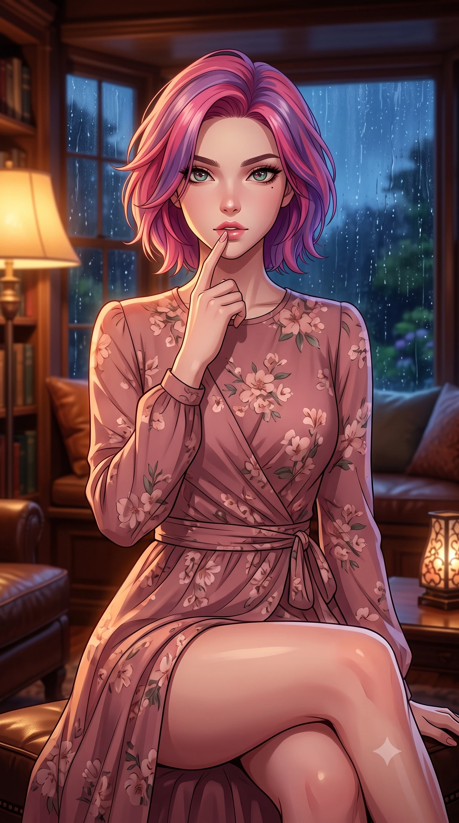 score_9, masterpiece, best quality, ultra-detailed, high-budget anime keyframe, tasteful artistic composition, Caucasian woman. close-up cowboy shot from the waist and thighs up, the character dominates the composition, filling the frame with her large presence, background elements kept in soft focus. pressing one finger to her bottom lip in a thoughtful, seductive gesture under the warm sun the background shows a soft-focus a cozy bay window seat in a private library, overlooking a rain-streaked garden at night. She has an exceptionally elegant, slender, and willowy female figure with an ultra-slim waist, a gracefully sculpted slender torso, and a refined silhouette. sharp v-shaped jawline, high-bridge nose, intricate jewel-like eyes with depth, thick eyelashes, glossy lips with a natural sheen. wearing a tailored flowy floral-patterned wrap dress in dusty rose chiffon with long sleeves and a modest crew neck. soft amber lamplight contrasting with the cool blue midnight twilight. highly saturated vibrant anime colors, cel-shading, 2d style, master piece, 9:16 ratio