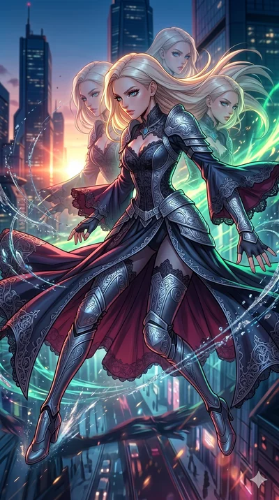 score_9, masterpiece, best quality, ultra-detailed, high-budget anime movie keyframe, cinematic anime lighting, intricate line art, Japanese woman. Mid-air action shot capturing a graceful twist and vertical silhouette. manipulating the flow of time,