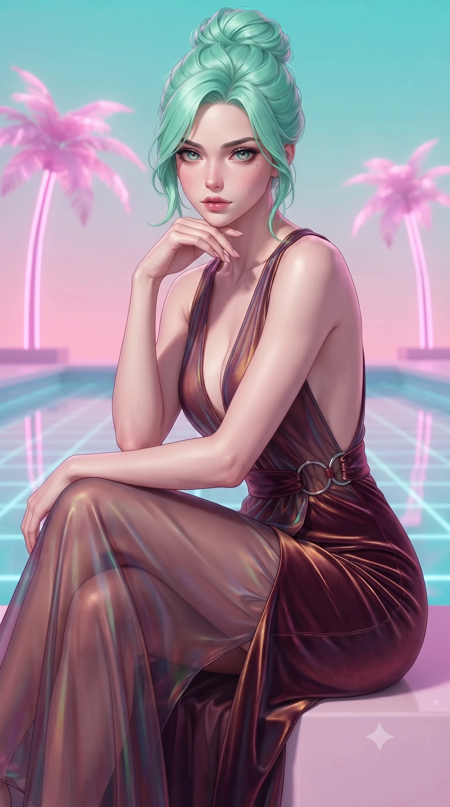 score_9, masterpiece, best quality, ultra-detailed, high-budget anime keyframe, editorial fashion photography, tasteful artistic composition, Japanese woman. close-up cowboy shot from the waist and thighs up, the character dominates the composition, filling the frame with her large presence, background elements kept in soft focus. Resting her chin on the backs of her fingers, casting a sharp, mysterious gaze floating in a surreal pool surrounded by pink neon palm trees and grid floors, pastel pink and turquoise gradients creating a nostalgic 80s aesthetic. She has an exceptionally elegant, slender, and willowy female figure with an ultra-slim waist, a gracefully sculpted slender torso, and a refined silhouette. sharp v-shaped jawline, high-bridge nose, intricate jewel-like eyes with depth, thick eyelashes, glossy lips with a natural sheen. wearing a translucent iridescent chiffon gown with a plunging neckline and open back in deep burgundy and bronze, made of premium stretch velvet with a rich sheen, accented with delicate chrome ring hardware framing her waist, the form-contouring material highlighting her ultra-slim waist and long lines. surrounded by a dreamlike vaporwave ambiance with smooth gradients. highly saturated vibrant anime colors, detailed shading with soft gradients, rich glossy textures, high-contrast stereoscopic depth, volumetric dynamic lighting, master piece, 9:16 ratio