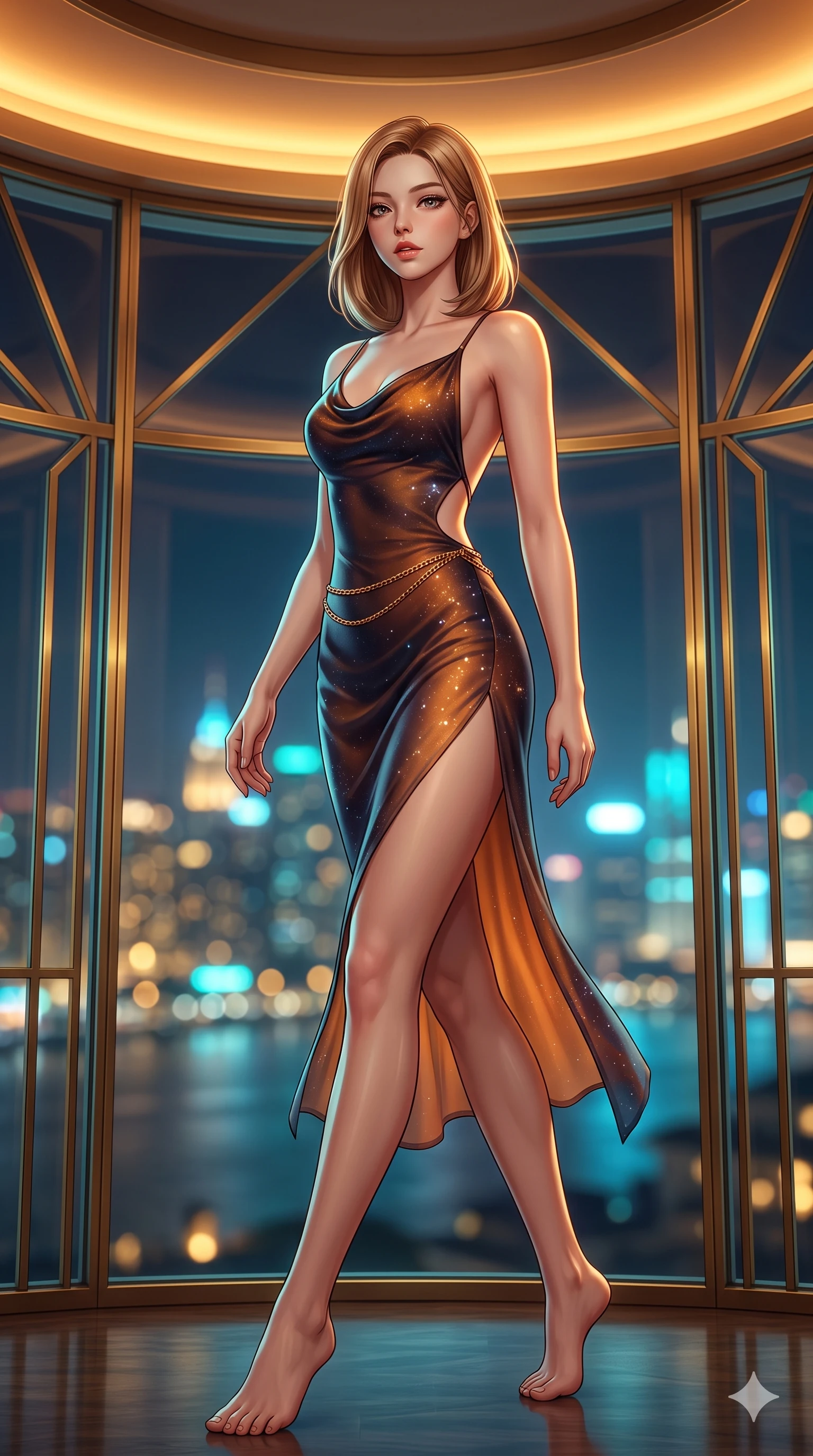 score_9, masterpiece, best quality, ultra-detailed, high-budget anime keyframe, semi-realistic 3D game render, editorial fashion photography, tasteful artistic composition, Korean woman. low angle full-body shot from head to toe showing her feet, filling the entire 9:16 vertical frame with her statuesque presence, stretching her vertical silhouette. stepping forward in a confident stride, her long slender legs and curvaceous hips creating a dynamic, sweeping vertical line while standing poised within the curved Art Deco solarium, arching her spine with sovereign glamour as geometric brass mullions frame the glittering metropolis below. The background shows a soft-focus distant skyscraper spires and Huangpu river mist blurred into gold, cyan, and deep indigo bokeh. She has an exceptionally tall and slender model-like 8.5-heads proportion, an ultra-slim waist, a flat toned midriff, narrow delicate ribcage, and beautifully sculpted feminine hips creating a graceful, slim hourglass silhouette without any bulky heaviness, with impossibly long slender legs. sharp v-shaped jawline, high-bridge nose, intricate jewel-like sparkling eyes with depth, thick eyelashes, glossy parted lips with a natural sheen, intensely captivating and seductive bedroom-eyes expression, exuding both youthful cute charm and sovereign luxury allure, flawlessly proportioned anatomical accuracy, strict slender model proportions, natural body alignment, perfectly sculpted long slender limbs, ultra-slim waistline, clean dynamic posture without body distortion. wearing a form-contouring gossamer silk chiffon slip dress with a hip-high slit and open cowl back clinging with dewy moisture in cosmic eclipse amber and starlight diamond, crafted from bespoke double-faced cashmere with an exceptionally soft tactile finish, accented with a delicate gold chain belt resting loosely on her curvy hips, the precision-cut side openings and low-back scoop framing her graceful spine and the sensual sweep of her slim, toned hips. bathed in the prestigious warm 2600K amber glow of recessed Art Deco cove lighting combined with cool neon skyline fill through panoramic glass. highly saturated vibrant anime colors, detailed shading with soft gradients, rich glossy textures, high-contrast stereoscopic depth, volumetric dynamic lighting, master piece, 9:16 ratio