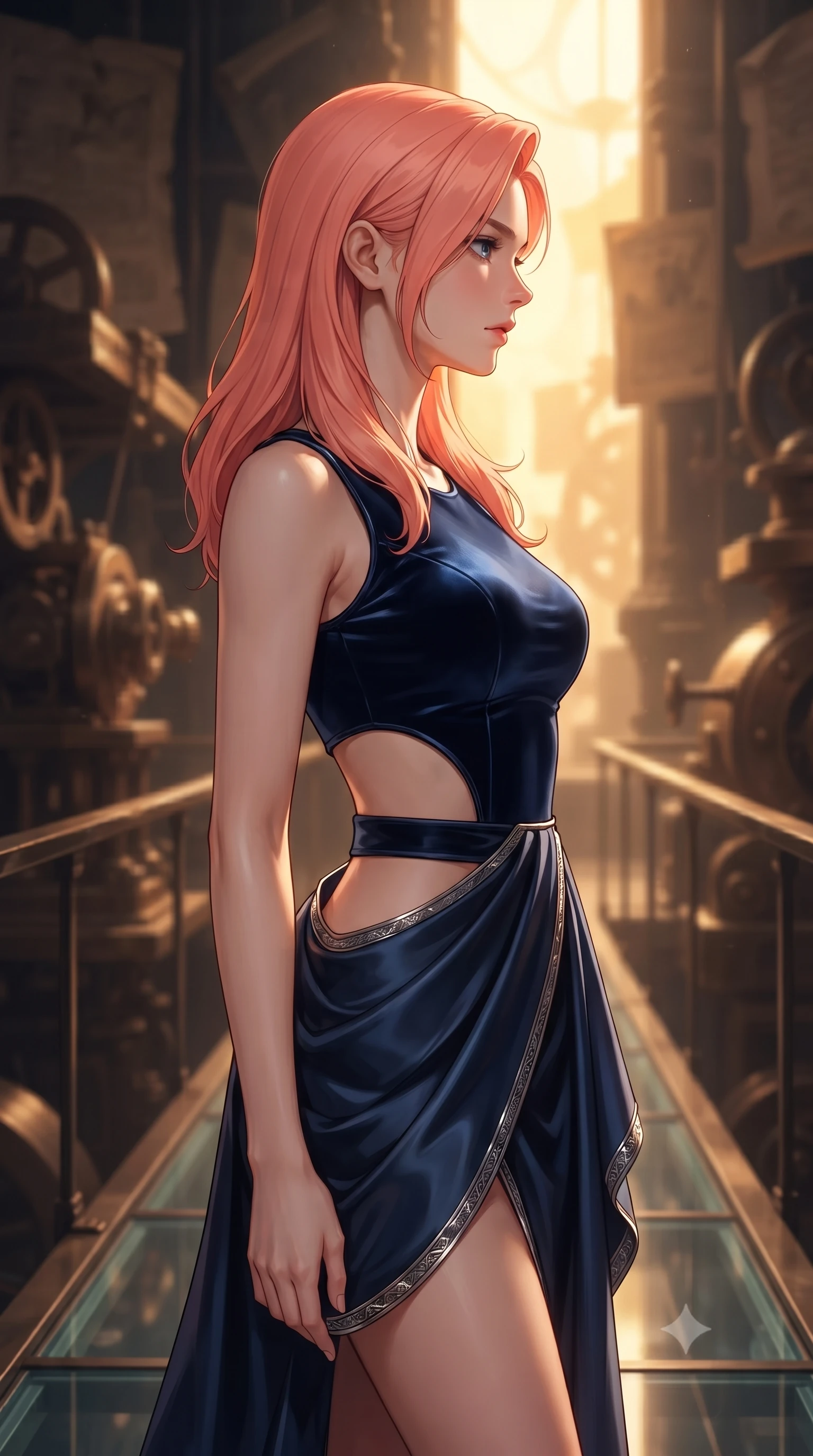 score_9, masterpiece, best quality, ultra-detailed, high-budget anime keyframe, editorial fashion photography, tasteful artistic composition, Japanese woman. close-up cowboy shot from the waist and thighs up, the character dominates the composition, filling the frame with her large presence, background elements kept in soft focus. Turning her face in sharp dramatic profile against the bright light, showcasing her sharp v-shaped jawline poised on a glass walkway suspended inside a temporal rift rift chamber, warm antique paper and bronze textures bathed in rich chiaroscuro. She has an exceptionally elegant, slender, and willowy female figure with an ultra-slim waist, a gracefully sculpted slender torso, and a refined silhouette. sharp v-shaped jawline, high-bridge nose, intricate jewel-like eyes with depth, thick eyelashes, glossy lips with a natural sheen. wearing a modern fusion silk hanbok dress with a structured bodice in midnight navy blue and chrome trim, made of premium stretch velvet with a rich sheen, featuring clean architectural cutouts along her slender torso, the elegant draped fit framing her graceful clavicle and slender torso. bathed in rich amber temporal glow and warm golden backlighting. highly saturated vibrant anime colors, detailed shading with soft gradients, rich glossy textures, high-contrast stereoscopic depth, volumetric dynamic lighting, master piece, 9:16 ratio