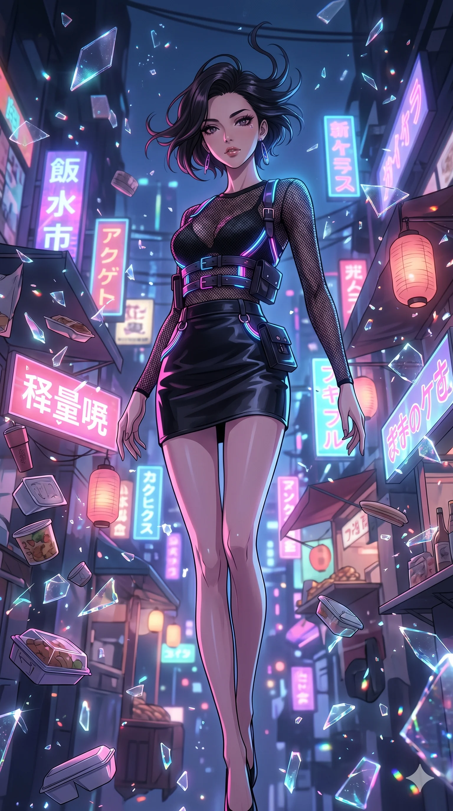 score_9, masterpiece, best quality, ultra-detailed, Set A: High-budget Anime Keyframe, Japanese woman. Low angle cowboy shot filling the entire 9:16 frame with her statuesque presence. Floating through a futuristic night market, as gravity fails and everything around her floats in state 176 and surrounded by shattered glass fragments. She has an absolutely perfect 8-heads proportion, an exceptionally tall and slender female figure with impossibly long slender legs and an ultra-slim waist. Sharp v-shaped jawline, high-bridge nose, intricate jewel-like eyes with depth, thick eyelashes, glossy lips with a natural sheen. Wearing Fluorescent mesh top with a leather mini-skirt and neon-lit harness details. Cinematic lighting, vibrant colors, dramatic shadows, 2k, ultra detail, master piece, 9:16 ratio