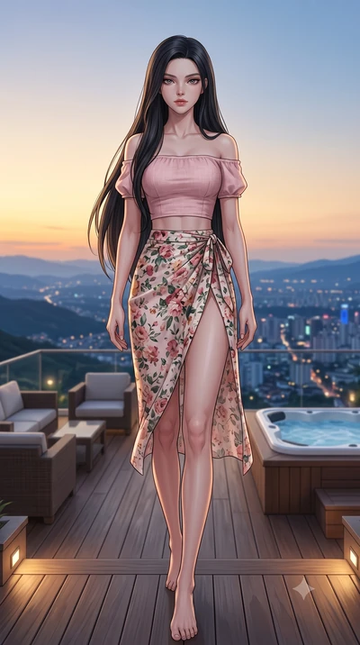 score_9, masterpiece, best quality, ultra-detailed, high-budget anime keyframe, editorial fashion photography, tasteful artistic composition, Korean woman woman. low angle full-body shot from head to toe showing her feet, filling the entire 9:16 vert