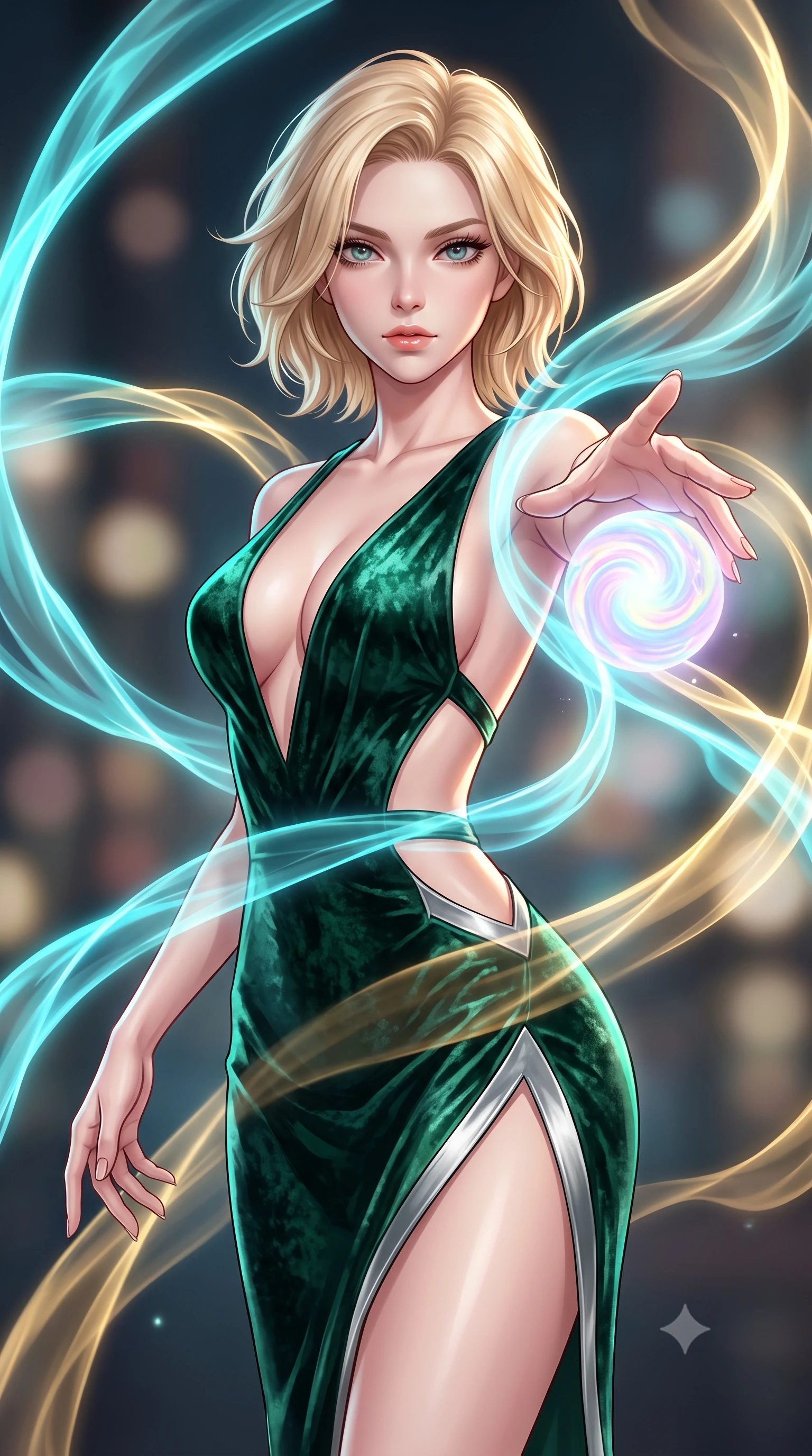score_9, masterpiece, best quality, ultra-detailed, high-budget anime keyframe, editorial fashion photography, tasteful artistic composition, Caucasian woman. close-up cowboy shot from the waist and thighs up, the character dominates the composition, filling the frame with her large presence, background elements kept in soft focus. Reaching her hand gracefully toward the camera with magnetic allure, her torso turning in a dynamic S-curve alignment while reaching forward with an arm stretch to touch a pulsating pastel light sphere, translucent silk-like plasma streams swirling around her silhouette. She has an exceptionally elegant, slender, and willowy female figure with an ultra-slim waist, a gracefully sculpted slender torso, and a refined silhouette. sharp v-shaped jawline, high-bridge nose, intricate jewel-like eyes with depth, thick eyelashes, glossy lips with a natural sheen, flawlessly proportioned anatomical accuracy, natural body alignment, perfectly sculpted elegant limbs, clean dynamic posture without body distortion. wearing a backless crushed velvet gown with a deep V-neckline and high thigh slit in deep emerald green and silver accent, formed from sleek second-skin neoprene, featuring clean architectural cutouts along her slender torso, the tailored fabric tightly following every curve of her athletic build. illuminated by the brilliant glow of cyan and gold luminescent plasma ribbons. highly saturated vibrant anime colors, detailed shading with soft gradients, rich glossy textures, high-contrast stereoscopic depth, volumetric dynamic lighting, master piece, 9:16 ratio