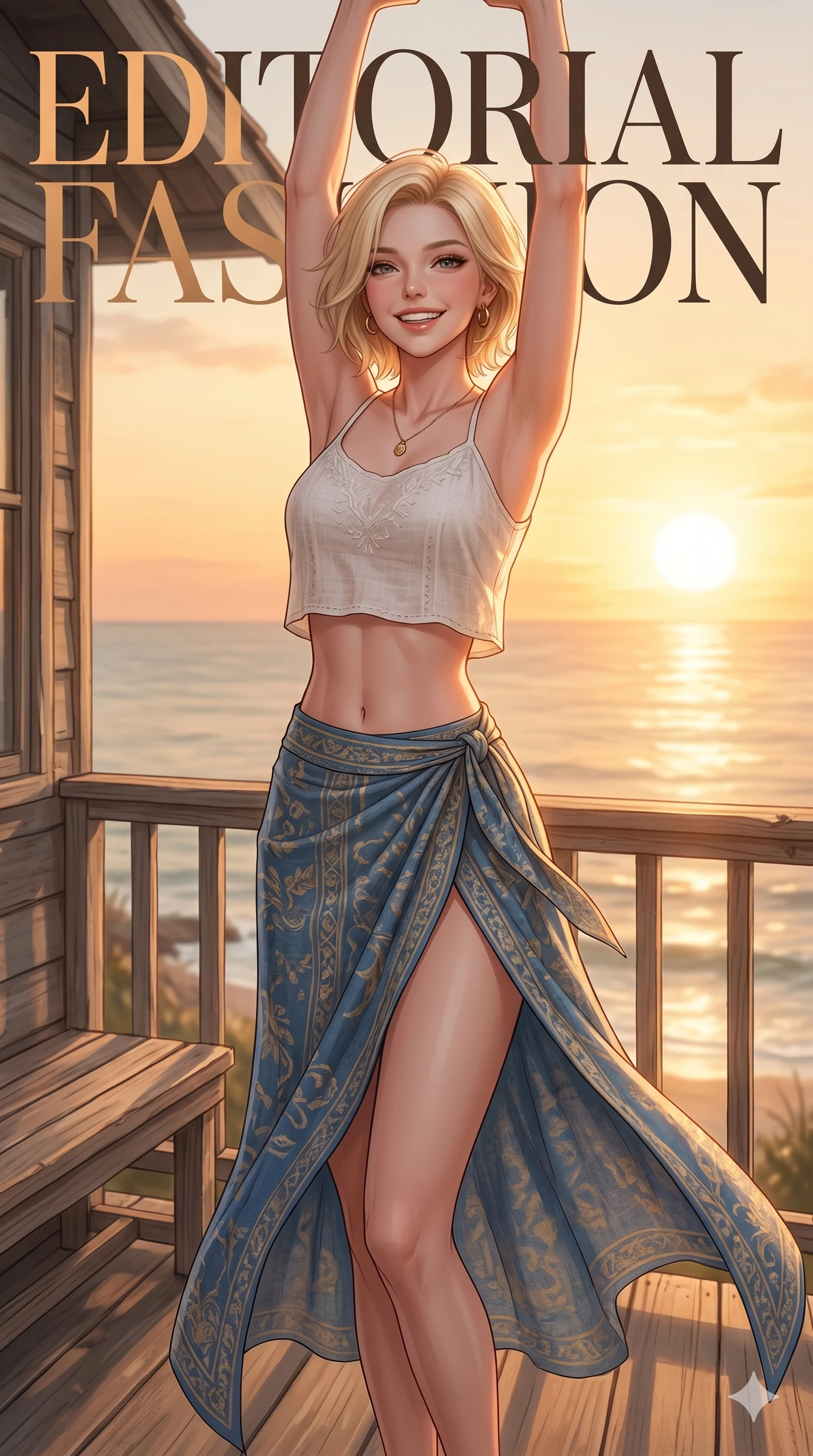 score_9, masterpiece, best quality, ultra-detailed, high-budget anime keyframe, editorial fashion photography, tasteful artistic composition, Caucasian woman, strictly human ears. cowboy shot from the thighs up, character and outfit filling the frame for maximum editorial presence. stretching her arms up with a bright, refreshed smile, greeting the morning sun standing on a wooden deck of a seaside cottage at sunrise. She has an absolutely perfect 8-heads proportion, an exceptionally tall and slender female figure with impossibly long slender legs and an ultra-slim waist. V-shaped jawline, high-bridge nose, intricate jewel-like eyes with depth, thick eyelashes, glossy lips with a natural sheen. wearing a lightweight linen crop top showing her delicately sculpted midriff, and a wrap skirt with a high slit. drenched in soft, warm sunrise light casting a gentle orange glow over her figure. 2k, ultra detail, master piece, 9:16 ratio