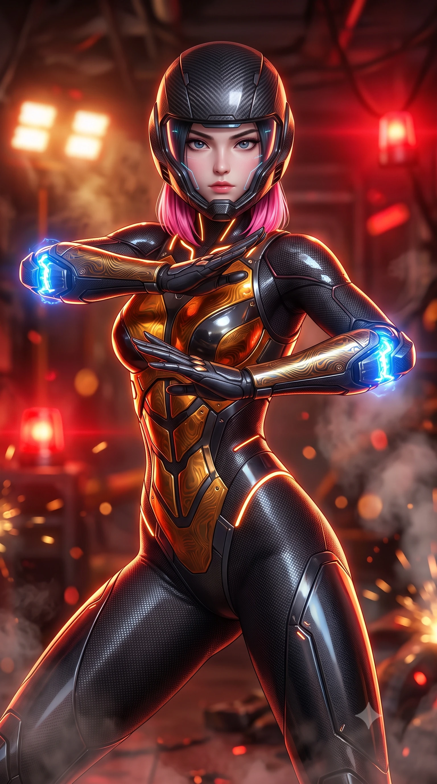 score_9, masterpiece, best quality, ultra-detailed, high-budget anime keyframe, semi-realistic 3D game render, editorial fashion photography, tasteful artistic composition, Korean woman. close-up cowboy shot from the waist and thighs up, the character dominates the composition, filling the frame with her large presence. twisting her upper body in a dynamic S-curve martial arts stance, cybernetic elbow dampers glowing with blue energy as she aims a focused palm strike while standing tall under blinking emergency floodlights as the bunker security systems spark and collapse in defeat. The composition keeps background elements in soft focus with creamy bokeh. pulsing red hazard beacons and drifting industrial steam plumes blurred into fiery crimson, amber, and charcoal bokeh. She has an exceptionally elegant, slender, and willowy female figure with an ultra-slim waist, a gracefully sculpted slender torso, toned flat midriff, and a refined slim silhouette. sharp v-shaped jawline, high-bridge nose, intricate jewel-like eyes with depth, thick eyelashes, glossy lips with a natural sheen, fierce and resolute heroine expression, flawlessly proportioned anatomical accuracy, strict slender model proportions, natural body alignment, perfectly sculpted long slender limbs, ultra-slim waistline, clean dynamic posture without body distortion. wearing an open-face aerodynamic carbon-fiber combat helmet with a retracted transparent holographic HUD visor framing her sharp jawline and jewel-like eyes, paired with a skin-tight dark carbon-weave combat bodysuit with glowing neon energy conduits and reinforced Damascus-pattern forearm strike guards in molten amber-gold carbon cuirass with dark gunmetal weave, formed from high-gloss patent carbon-plating with specular dystopian chiaroscuro reflections, accented with glowing fiber-optic telemetry conduits tracing her collarbones and hip curves, the sleek second-skin cut tightly hugging her graceful clavicle, narrow waist, and feminine curves with athletic precision. bathed in intense pulsing red hazard strobe lighting and warm golden emergency lamp fill. rich saturated anime colors with glowing neon highlights, detailed shading with soft gradients, rich glossy textures, high-contrast stereoscopic depth, volumetric dynamic lighting, master piece, 9:16 ratio