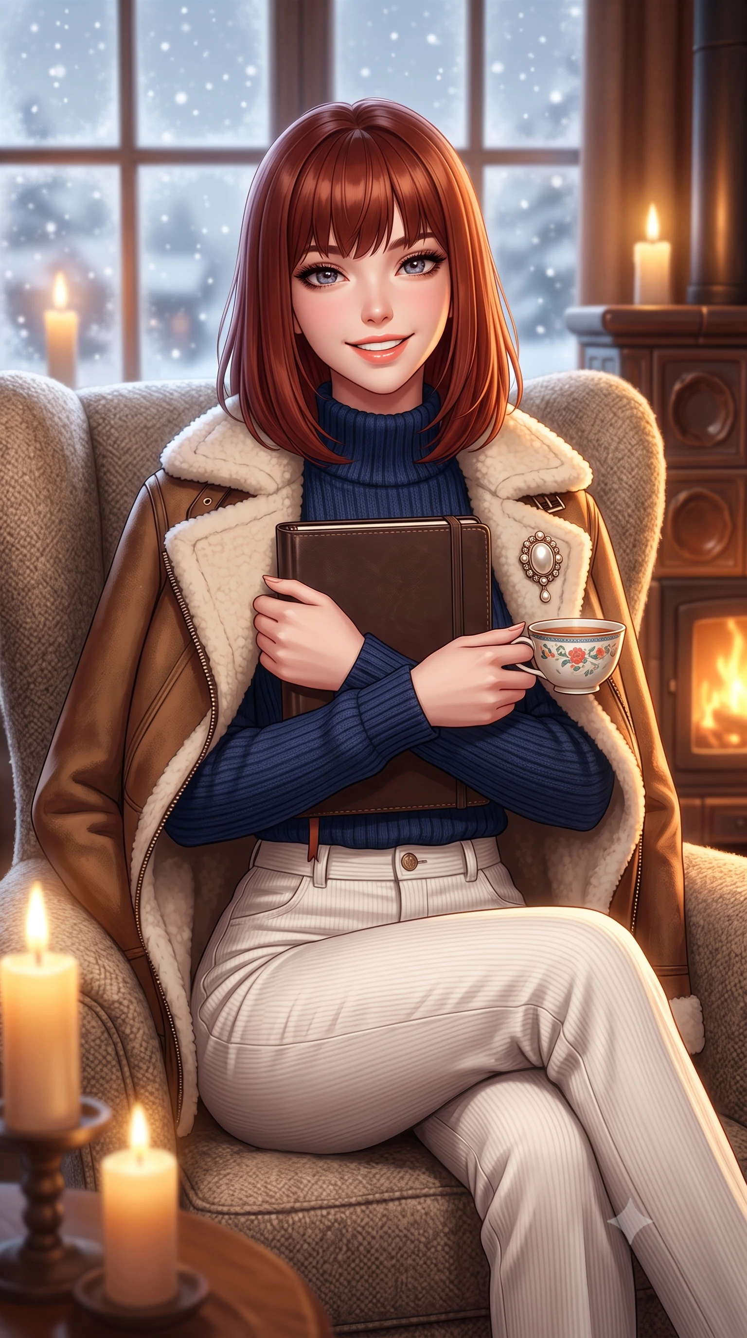 score_9, masterpiece, best quality, ultra-detailed, high-budget anime keyframe, semi-realistic 3D game render, editorial fashion photography, tasteful artistic composition, Caucasian woman. close-up cowboy shot from the waist and thighs up, the character dominates the composition, filling the frame with her large presence. holding a leather notebook close to her chest with both arms, smiling delightfully with youthful scholarly grace while curled up comfortably in an oversized wool wingback chair beside a traditional ceramic tile stove, smiling warmly with teacup in hand. The background shows a soft-focus softly falling snowflakes outside frosted panes softened in intimate alpine winter hideaway shallow focus. She has an exceptionally elegant, slender, and willowy female figure with an ultra-slim waist, flat toned midriff, narrow ribcage, and sculpted feminine hips creating an alluring, slim hourglass silhouette without bulk. sharp v-shaped jawline, high-bridge nose, intricate jewel-like sparkling eyes with depth, thick eyelashes, glossy parted lips with a natural peach sheen, bright cheerful beaming smile with an enchanting and coquettish sensual glint, exuding both youthful cute charm and seductive allure, flawlessly proportioned anatomical accuracy, strict slender model proportions, natural body alignment, perfectly sculpted long slender limbs, ultra-slim waistline, clean dynamic posture without body distortion. wearing a plush shearling-trimmed suede aviator coat layered over a cozy ribbed merino knit sweater and tailored corduroy pants in French navy blue and crisp alabaster white, made of crisp Egyptian cotton poplin with pristine tailored pressing, complemented by an antique baroque pearl brooch pinned tastefully on the lapel, the streamlined silhouette following her natural slender proportions with sophisticated poise, enhancing her tall willowy presence. bathed in cozy 2700K warm ambient candlelight and soft porcelain stove radiance combined with cool winter window light. highly saturated vibrant anime colors, detailed shading with soft gradients, rich glossy textures, high-contrast stereoscopic depth, volumetric dynamic lighting, master piece, 9:16 ratio