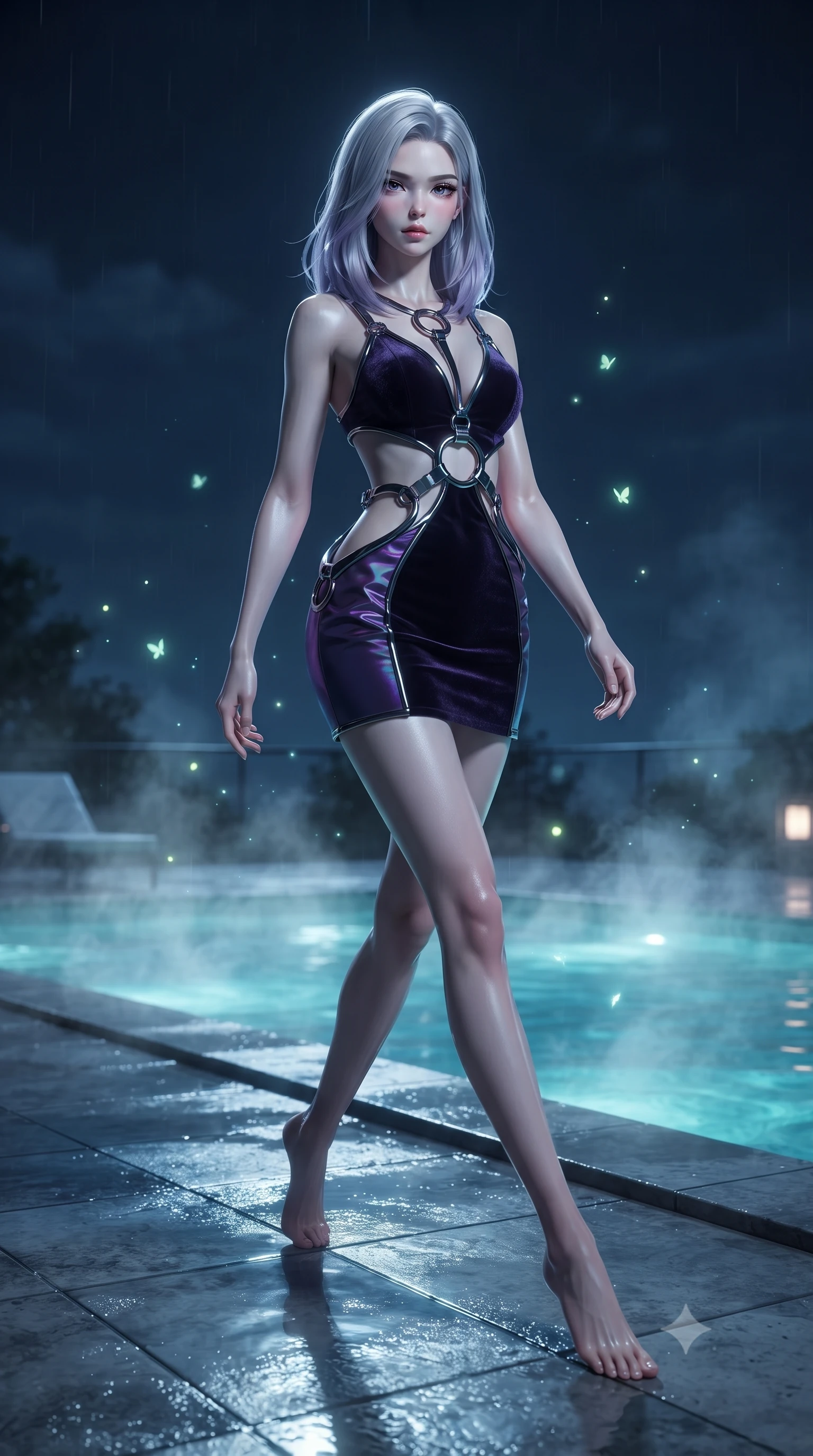 score_9, masterpiece, best quality, ultra-detailed, high-budget anime keyframe, editorial fashion photography, tasteful artistic composition, Caucasian woman. low angle full-body shot from head to toe showing her feet, filling the entire 9:16 vertical frame with her statuesque presence, stretching her vertical silhouette. interacting with glowing light particles, her long slender legs poised in motion, walking along the rain-slicked poolside terrace drenched in midnight moonlight, gentle steam rising from the heated water into the cool midnight air. She has an absolutely perfect, statuesque 8.5-heads proportion, an exceptionally tall and slender model-like female figure with impossibly long slender legs and an ultra-slim waist. sharp v-shaped jawline, high-bridge nose, intricate jewel-like eyes with depth, thick eyelashes, glossy lips with a natural sheen. wearing dramatic architectural open-waist cutout mini dress in dark velvet framed by chrome hardware in pitch-black onyx, made of iridescent dark violet taffeta, accented with sculpted obsidian chrome rings at the waist, following her slender form with tailored precision. surrounded by a moody nocturnal ambiance with glowing aqua water highlights. ultra-reflective glossy finish, specular highlights, metallic sheen, high-contrast stereoscopic depth, volumetric dynamic lighting, 2k, ultra detail, master piece, 9:16 ratio