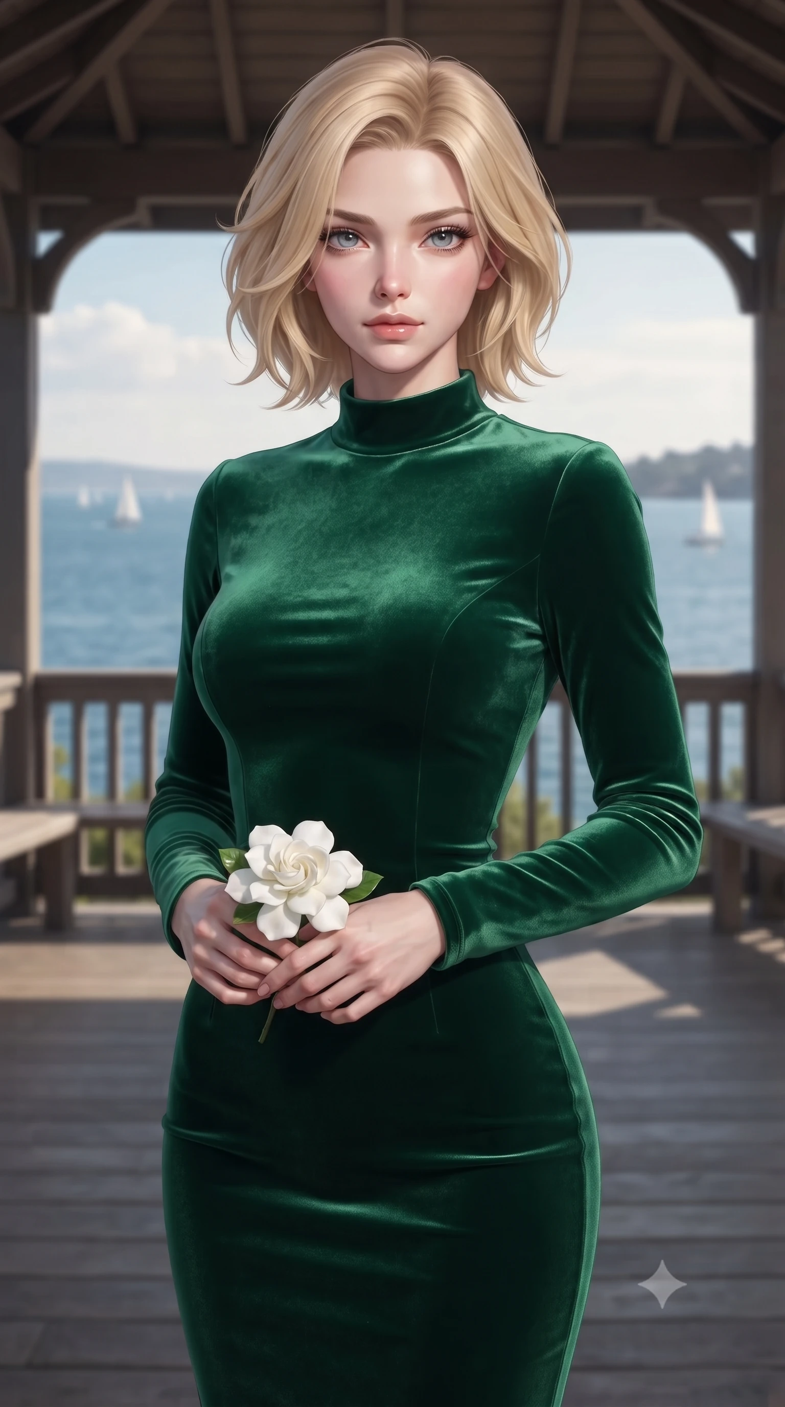 score_9, masterpiece, best quality, ultra-detailed, high-budget anime keyframe, editorial fashion photography, tasteful artistic composition, Caucasian woman woman. close-up cowboy shot from the waist and thighs up, the character dominates the composition, filling the frame with her large presence, background elements kept in soft focus. gazing directly at the viewer with a calm and welcoming expression, holding a fresh flower the background shows a soft-focus a wooden pavilion overlooking a wide blue bay with small sailboats sailing in the distance. She has an exceptionally elegant, slender, and willowy female figure with an ultra-slim waist, a gracefully sculpted slender torso, and a refined silhouette. sharp v-shaped jawline, high-bridge nose, intricate jewel-like eyes with depth, thick eyelashes, glossy lips with a natural sheen. wearing a tailored body-hugging emerald green velvet dress with a simple mock-neck collar. diffused afternoon light under a few light clouds. ultra-reflective glossy finish, specular highlights, metallic sheen, high-contrast stereoscopic depth, volumetric dynamic lighting, 2k, ultra detail, master piece, 9:16 ratio