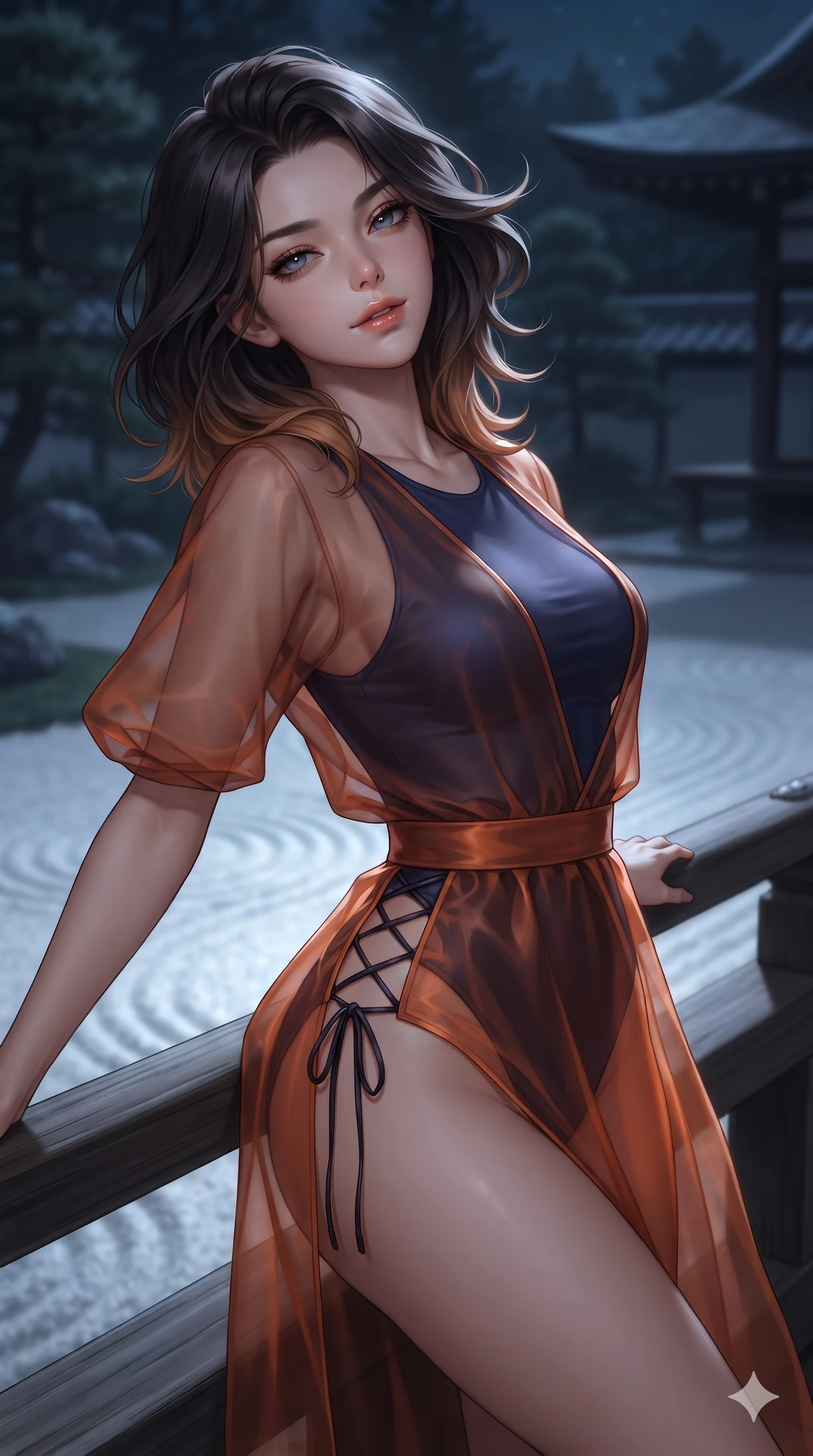 score_9, masterpiece, best quality, ultra-detailed, high-budget anime keyframe, editorial fashion photography, tasteful artistic composition, Korean woman. close-up cowboy shot from the waist and thighs up, the character dominates the composition, filling the frame with her large presence. leaning back against the balustrade with relaxed seductive grace, head tilted back slightly while casting a hypnotic, heavy-lidded gaze while walking slowly along the timber veranda with hypnotic grace, hips swaying in an alluring sensual rhythm that accentuates her curvy silhouette. The background shows a soft-focus monastic zen dry garden at midnight softened in contemplative shallow focus. She has an exceptionally elegant, slender, and willowy female figure with an ultra-slim waist, flat toned midriff, narrow ribcage, and sculpted feminine hips creating an alluring, slim hourglass silhouette without bulk. sharp v-shaped jawline, high-bridge nose, sparkling eyes with hypnotic seductive depth, thick curled eyelashes, glossy parted lips with a natural dewy peach sheen, alluring bedroom-eyes with an enchanting coquettish smile, exuding magnetic siren charisma and sophisticated glamour, flawlessly proportioned anatomical accuracy, strict slender model proportions, natural body alignment, perfectly sculpted long slender limbs, ultra-slim waistline, clean dynamic posture without body distortion. wearing a provocative sheer nobang organza wrap overskirt layered over a form-fitting silk leotard with bare hip flanks in midnight indigo and glowing lantern topaz, made of supple butter-soft lambskin leather with a subtle satin sheen, featuring fine criss-cross lace-up side ties revealing tantalizing glimpses of her hip curve, the form-contouring silhouette accentuating her sculpted flat midriff, narrow delicate ribcage, and gracefully curvy hips with intoxicating allure. illuminated by moonlit sand ripple bounce and sharp silver-topaz rim lights sculpting her razor-sharp jawline, narrow waist, and curvy hips. ultra-reflective glossy finish, specular highlights, rich textural contrasts, high-contrast stereoscopic depth, volumetric dynamic lighting, 2k, ultra detail, master piece, 9:16 ratio