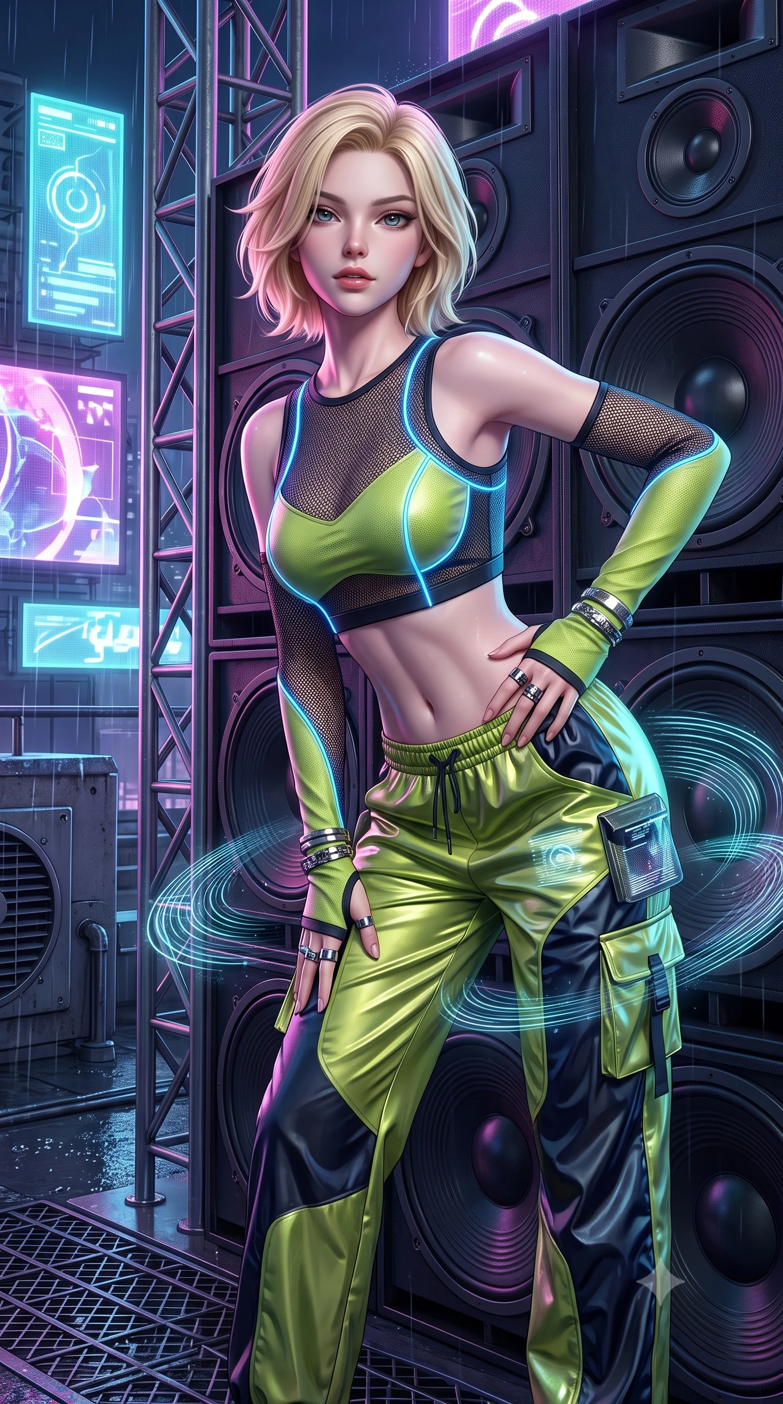 score_9, masterpiece, best quality, ultra-detailed, high-budget anime keyframe, semi-realistic 3D game render, editorial fashion photography, tasteful artistic composition, Caucasian woman. close-up cowboy shot from the waist and thighs up, the character dominates the composition, filling the frame with her large presence. leaning forward with playful, captivating grace, her sculpted collarbones and slender neckline highlighted by directional light while leaning against a heavy subwoofer speaker stack with confident Y2K attitude and flawless vertical posture. The surrounding environment is rendered in vivid detail and crisp panoramic clarity. sharp holographic projection scanlines, rain droplets beaded on metallic cargo pants, and rooftop grating in deep focus. She has an exceptionally elegant, slender, and willowy female figure with an ultra-slim waist, a gracefully sculpted slender torso, toned flat midriff, and a refined slim silhouette. sharp v-shaped jawline, high-bridge nose, intricate jewel-like eyes with depth, thick eyelashes, glossy lips with a natural sheen, captivating and magnetic expression, flawlessly proportioned anatomical accuracy, strict slender model proportions, natural body alignment, perfectly sculpted long slender limbs, ultra-slim waistline, clean dynamic posture without body distortion. wearing a sporty Y2K mesh-paneled crop top with asymmetrical sleeve warmers and low-slung metallic track pants in acid lime green and dark obsidian, made of breathable technical athletic mesh and liquid-finish track nylon, finished with glowing fiber-optic seam piping and miniature utility pouches, the sleek tailored cut tightly hugging her graceful clavicle, narrow waist, and feminine curves with statuesque precision. bathed in flashing RGB strobe lights and glowing holographic billboard backlighting. highly saturated vibrant anime colors, detailed shading with soft gradients, rich glossy textures, high-contrast stereoscopic depth, volumetric dynamic lighting, master piece, 9:16 ratio