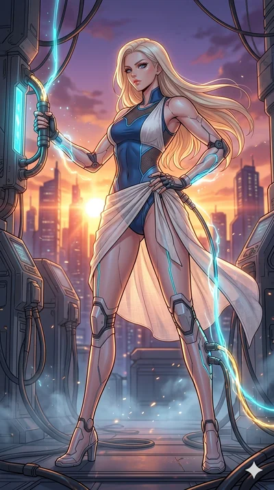 score_9, masterpiece, best quality, ultra-detailed, high-budget anime movie keyframe, cinematic anime lighting, intricate line art, Korean anime girl. Low angle cowboy shot capturing a powerful motion and statuesque presence. recharging her cyberneti